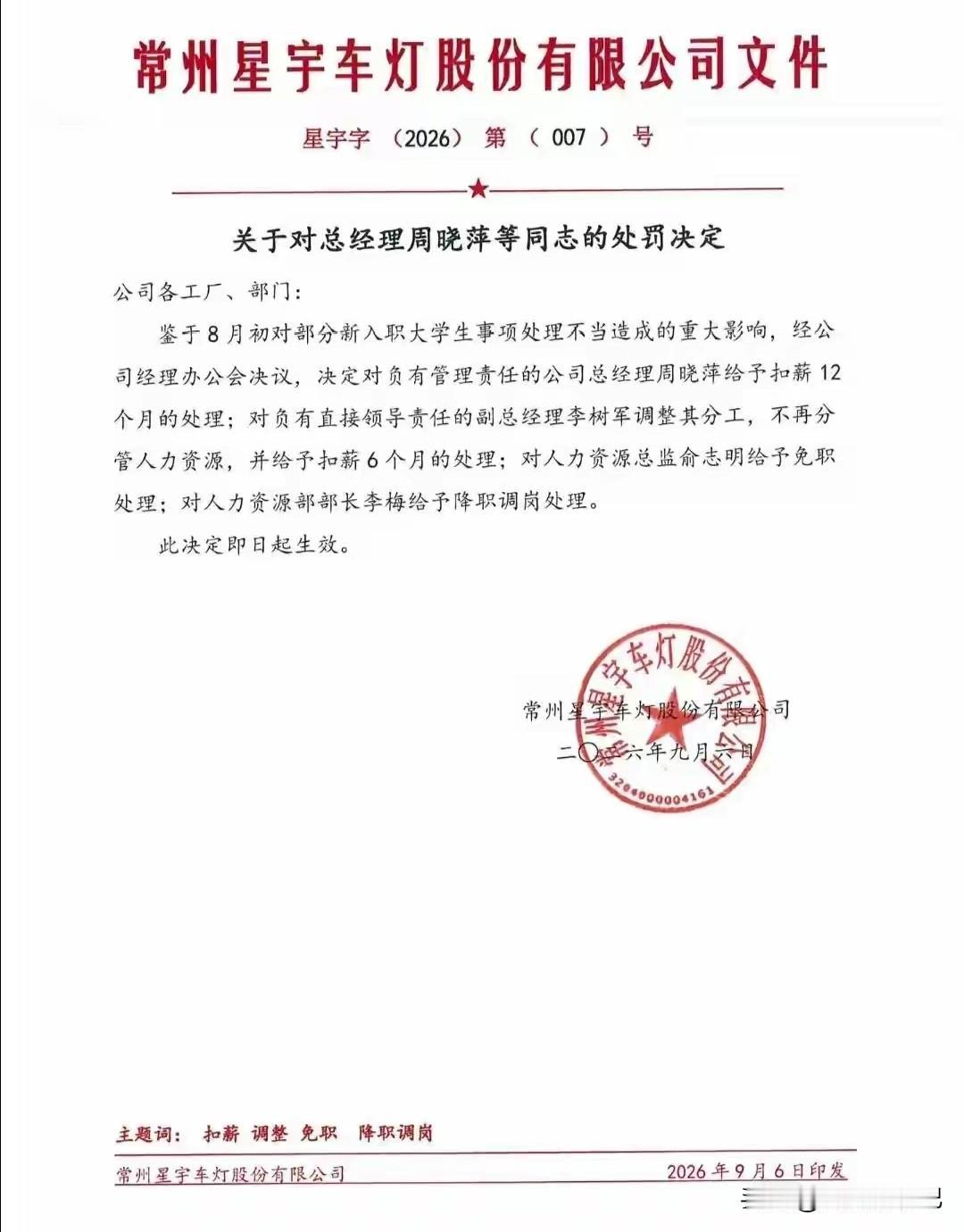 星宇股份新一轮的处罚决定，你认同吗？在曝光人力资源总监是空缺职位后，昨天星