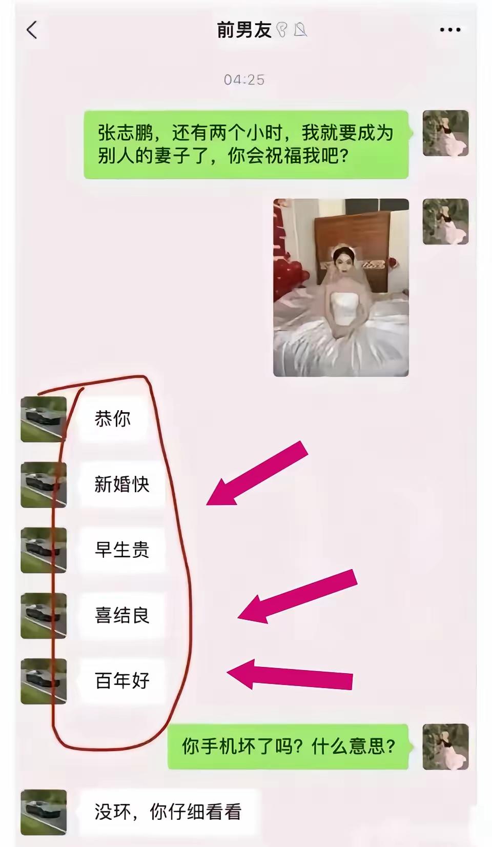 无喜无子无缘无合。把坏还故意打成环。这是诅咒女方啊！前男友也忒不是个东西了，骂人