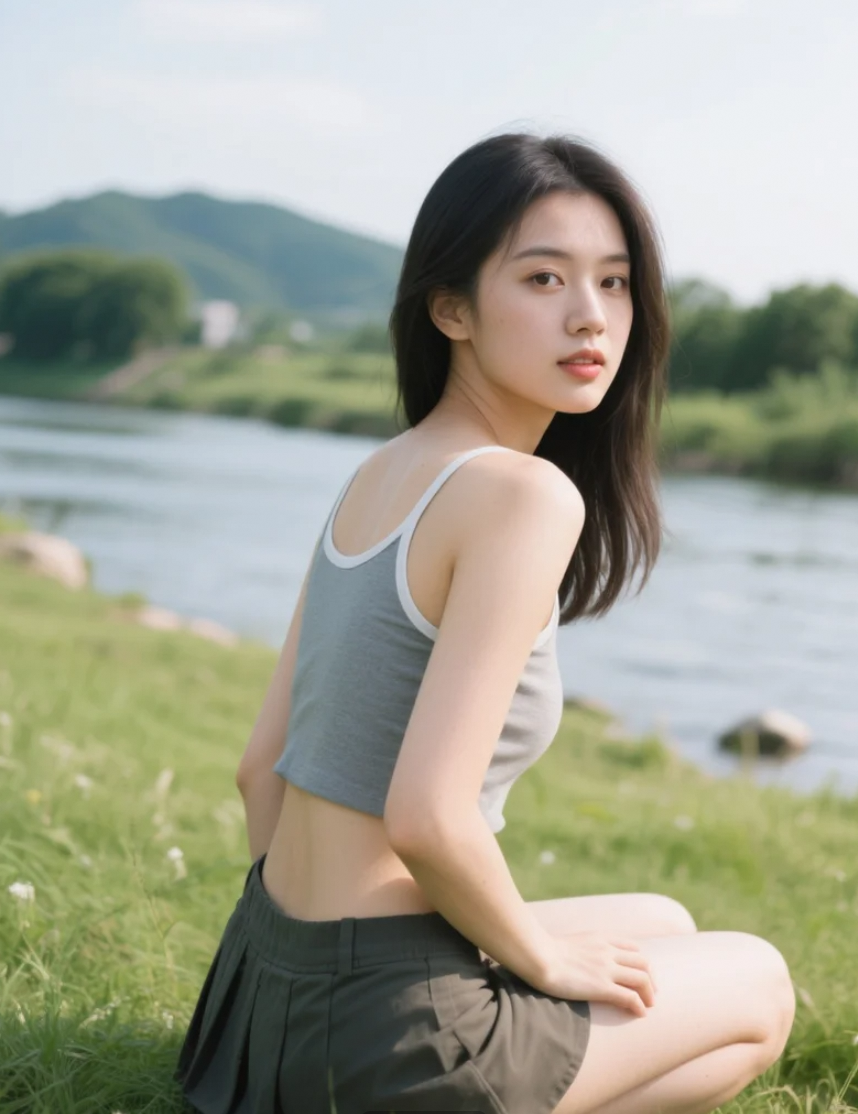 河边草地上的亚洲美女，轻松惬意如画般美好