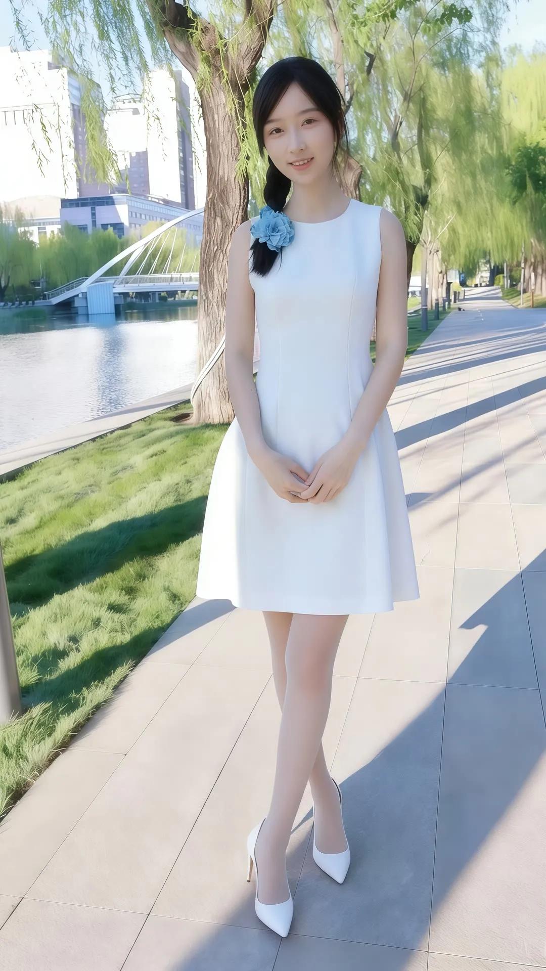 清新夏日穿搭，白色连衣裙搭配蓝色发饰，漫步在绿意盎然的公园里。