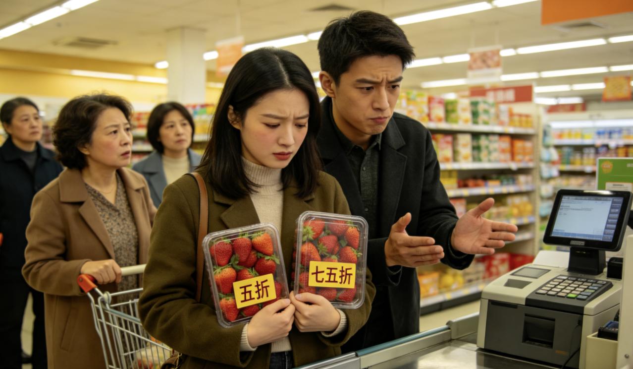 超市收银台前，一对情侣在吵架。女生手里攥着两盒草莓，一盒打五折，一盒七五折。她