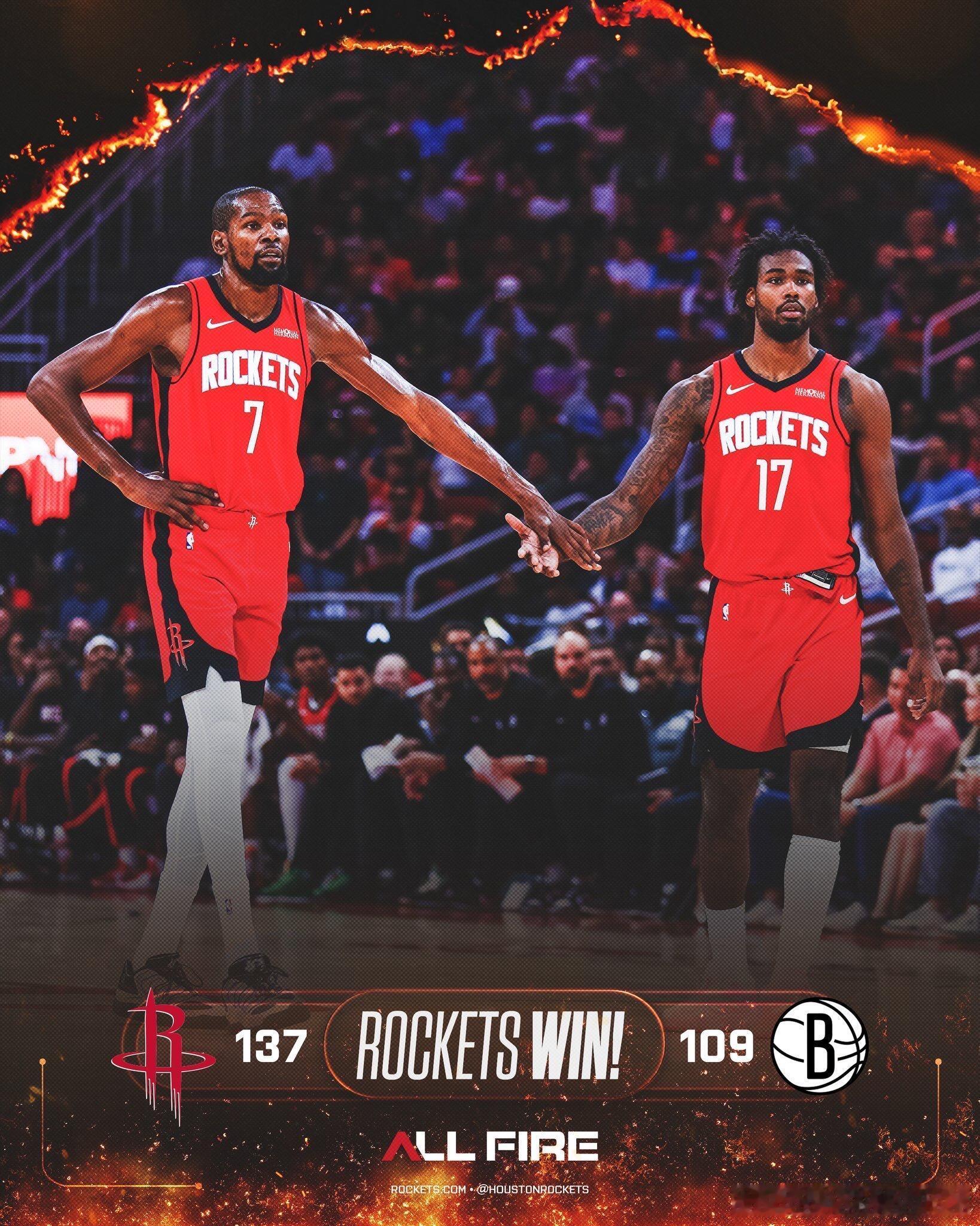 火箭137比109大胜篮网火箭7人上双，大胜篮网28分！终结开季两连败，迎来开季