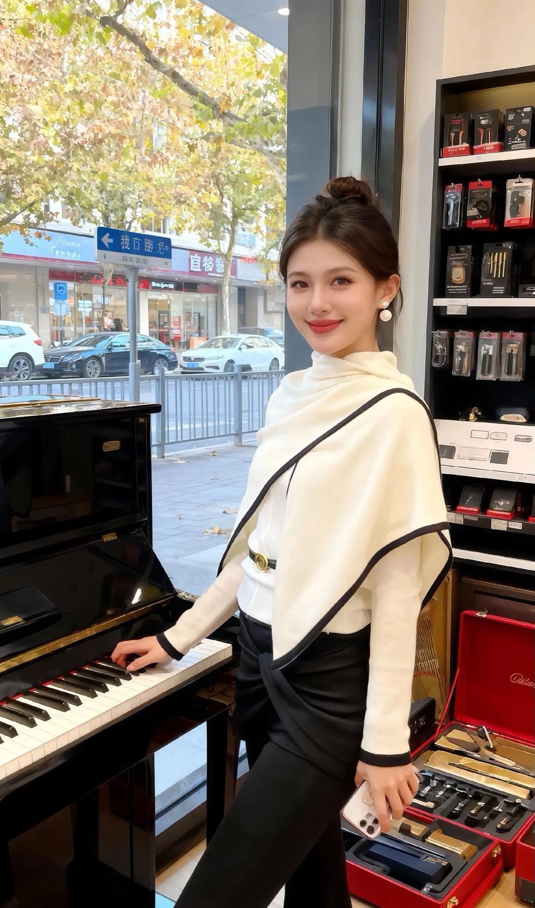 优雅钢琴少女，享受音乐时光