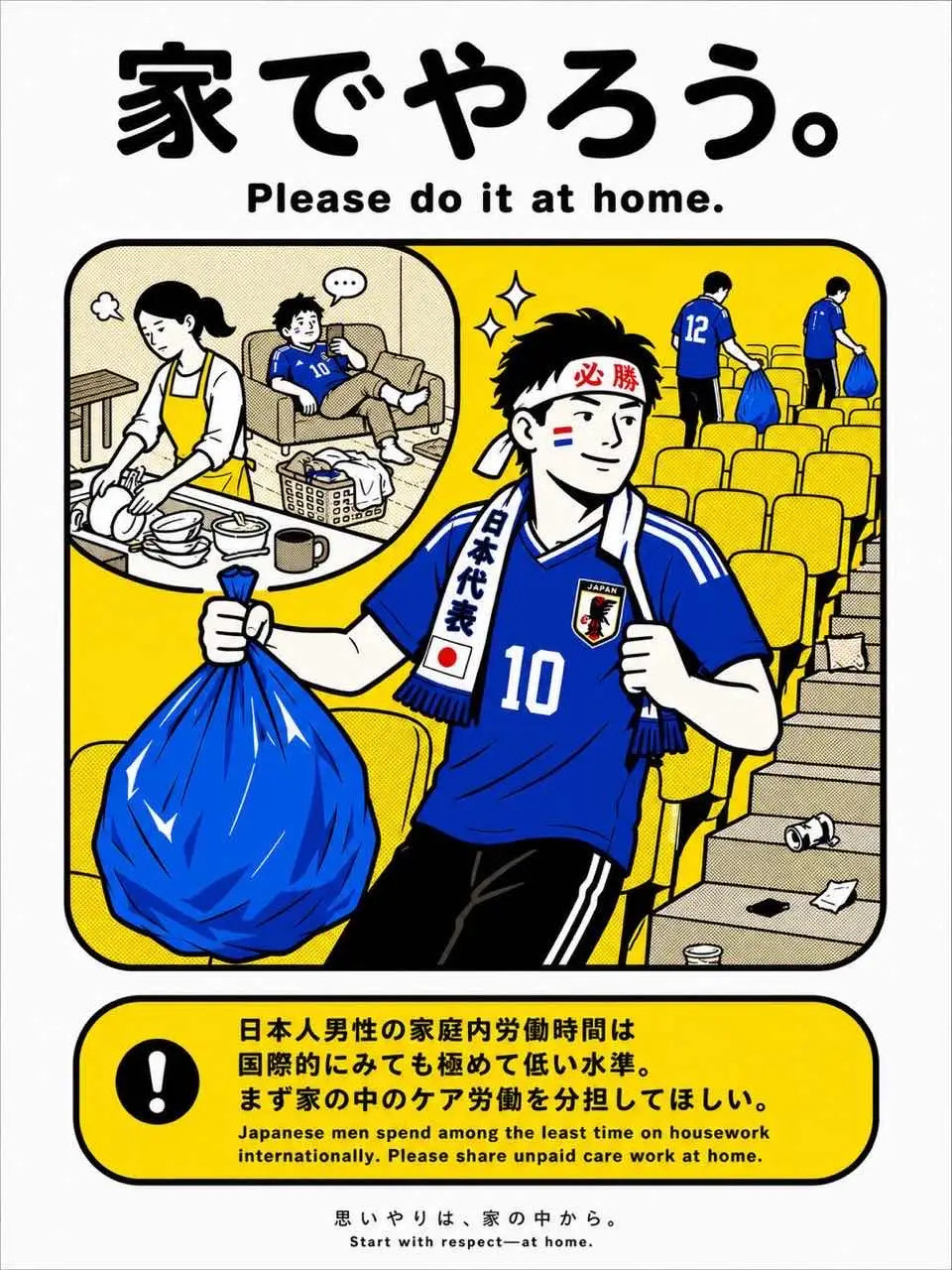 日本女网友做海报反讽日本球迷捡看台垃圾：家里也要做家务在日本队与荷兰队2-2战平
