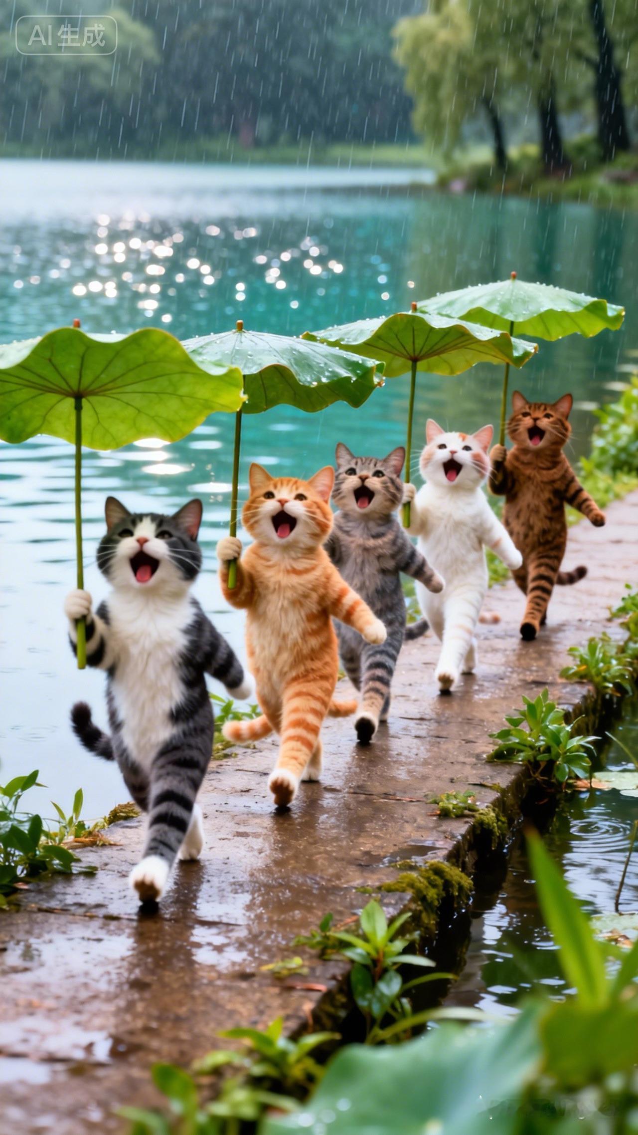 雨中漫步，萌猫撑伞，欢乐同行！🌧️🐱🌸