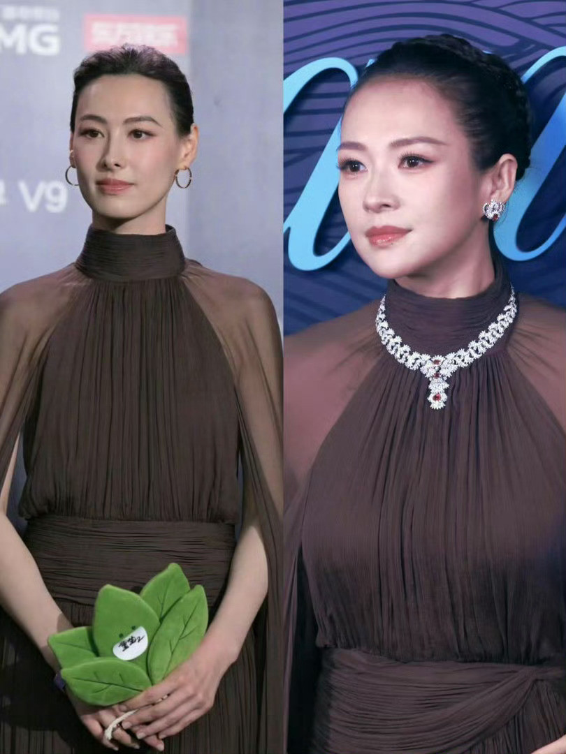 38岁梁洛施与47岁章子怡“罕见撞衫”，一个如女王，一个很温婉！