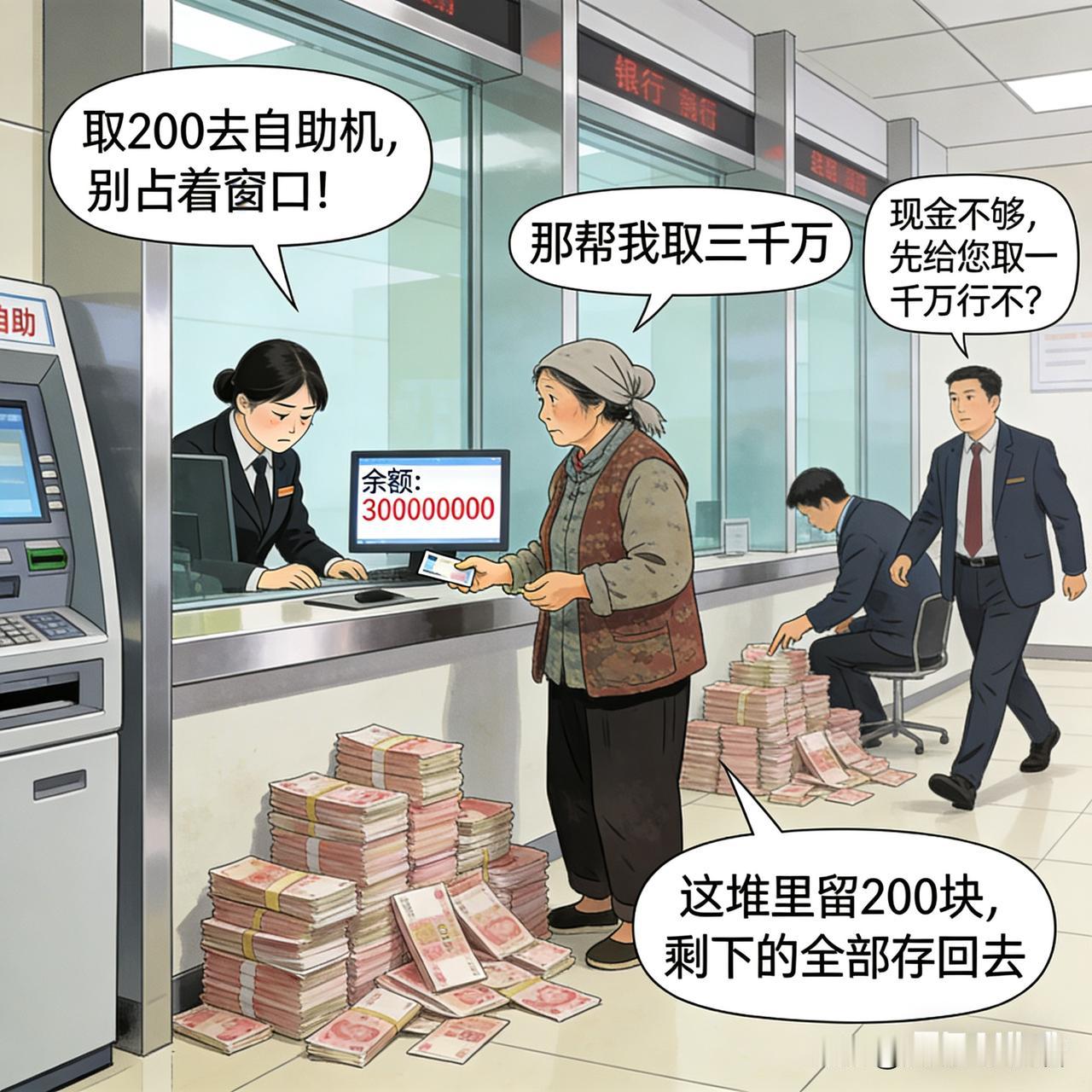 200块的教训一个打扮土气的农村大姐，去银行取200块。柜员头都没抬，一