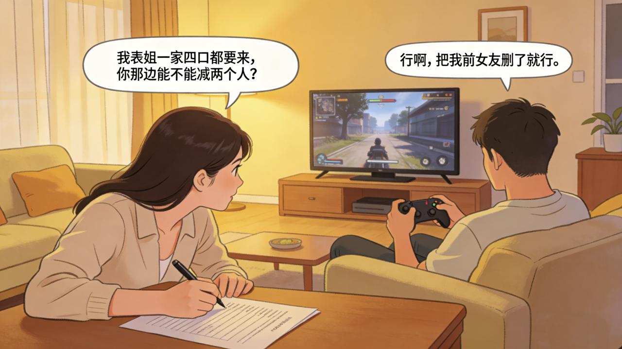 林悦第三次修改婚礼宾客名单时，男友在客厅打游戏。“我表姐一家四口都要来，你那边