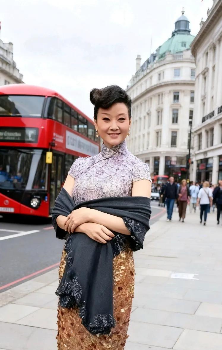 58岁的宋祖英在英国街头惊艳亮相，瞬间成为众人瞩目的焦点！她身着剪裁精致的旗袍，