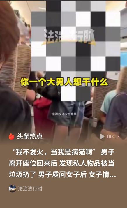 车厢内，男子就是去了趟厕所的功夫，回来就发现自己的座位被中年女子给占了。男子询问