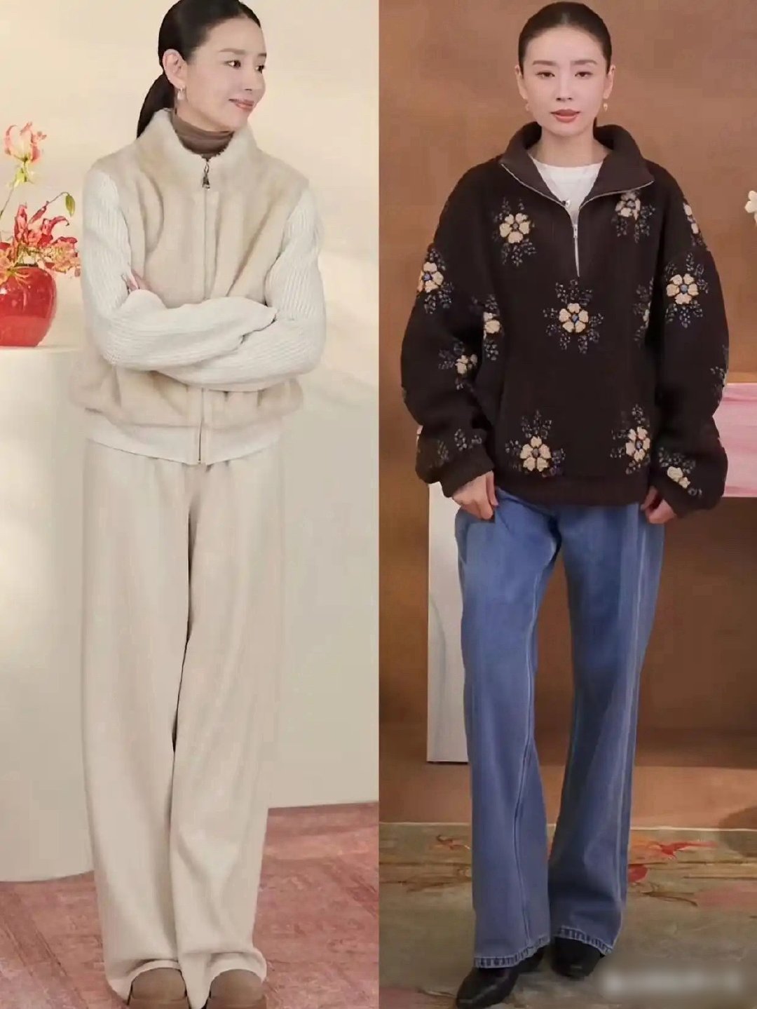 看了董洁的直播间才发现，原来“阔腿裤”下面不搭运动鞋，更高级​​​