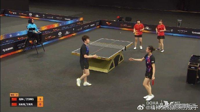 恭喜国乒包揽了多哈支线赛男双、女双冠亚军。在刚刚的女双决赛中，覃予萱/纵歌曼