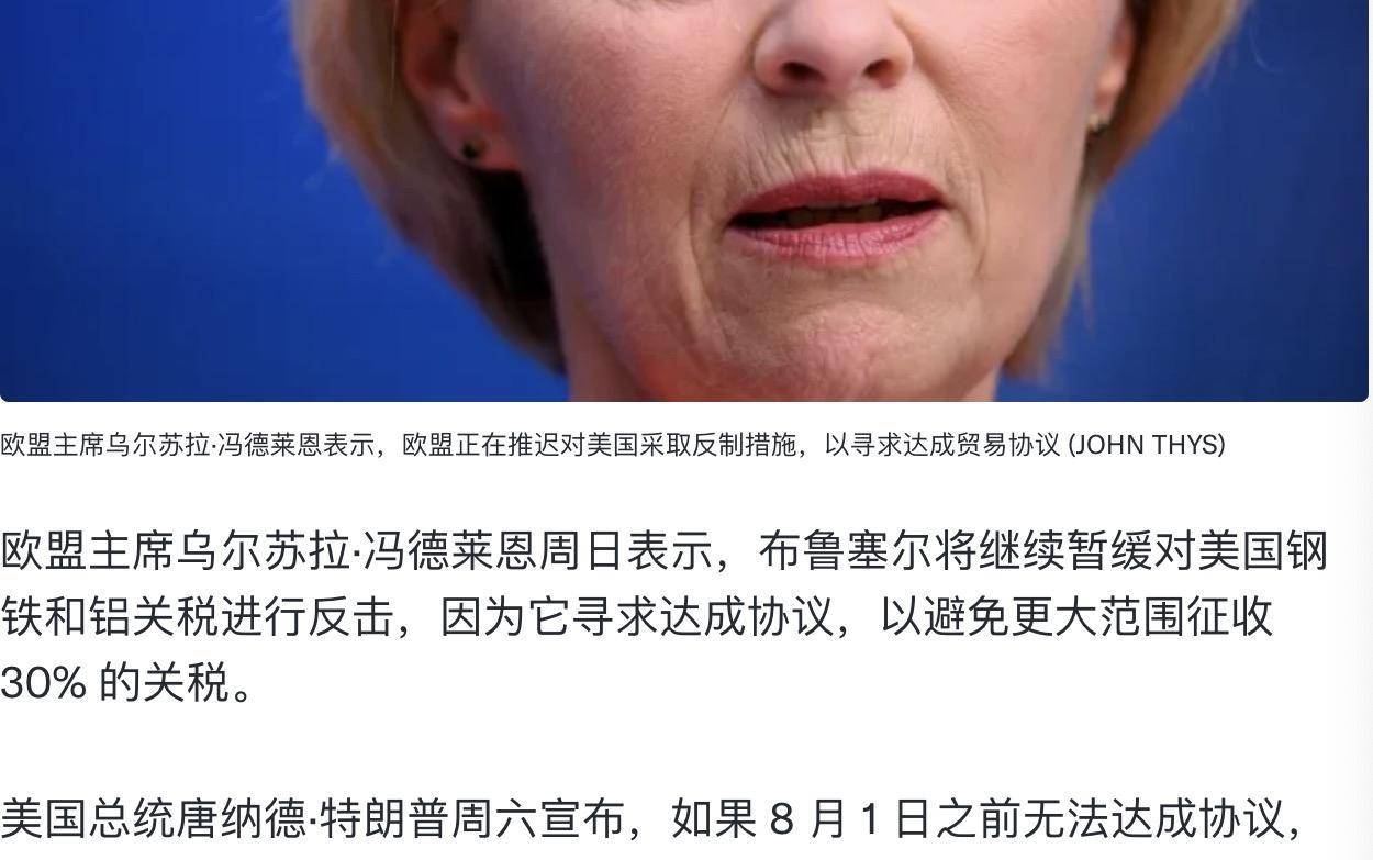欧盟再次向美国下跪！冯德莱恩寻求谈判来解决关税，不报复美国了。而对中国她又持续强