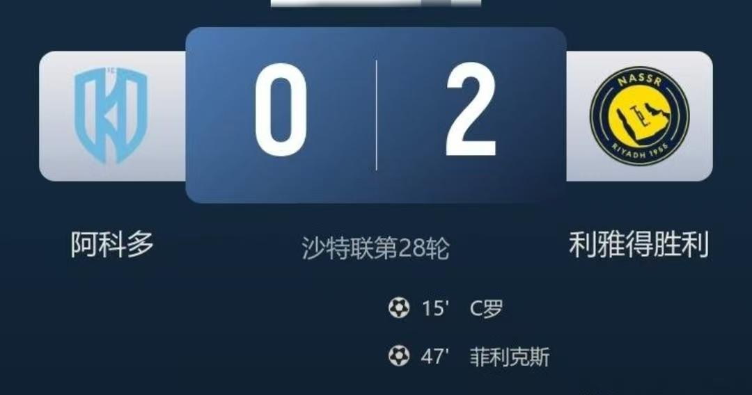 沙特联第28轮，利雅得胜利客场2：0战胜阿科多继续领跑积分榜，目前利雅得胜利已经