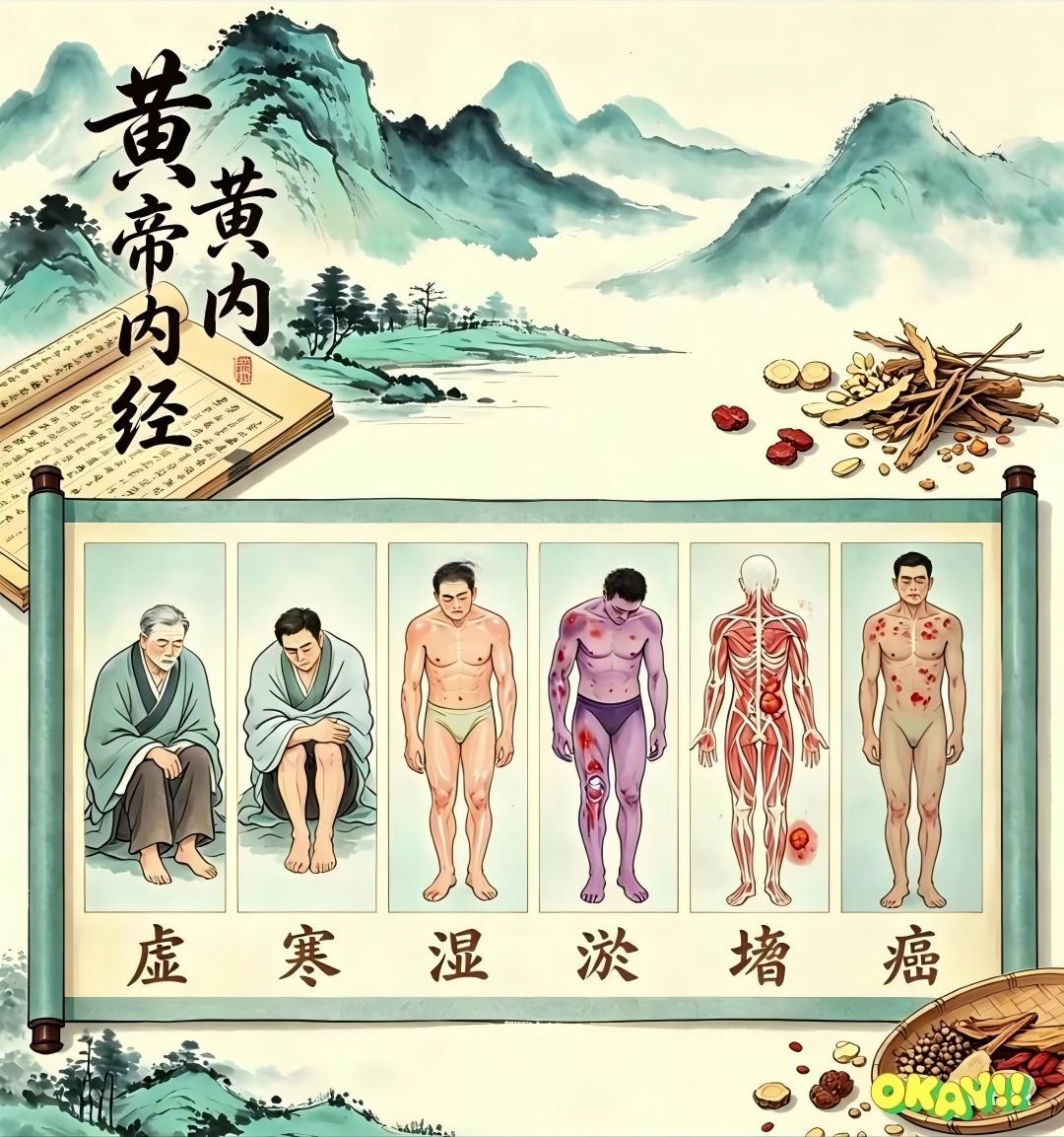老祖宗早就说透了！《黄帝内经》讲：万病皆有根源虚寒→湿重→血瘀→结节增生→癌