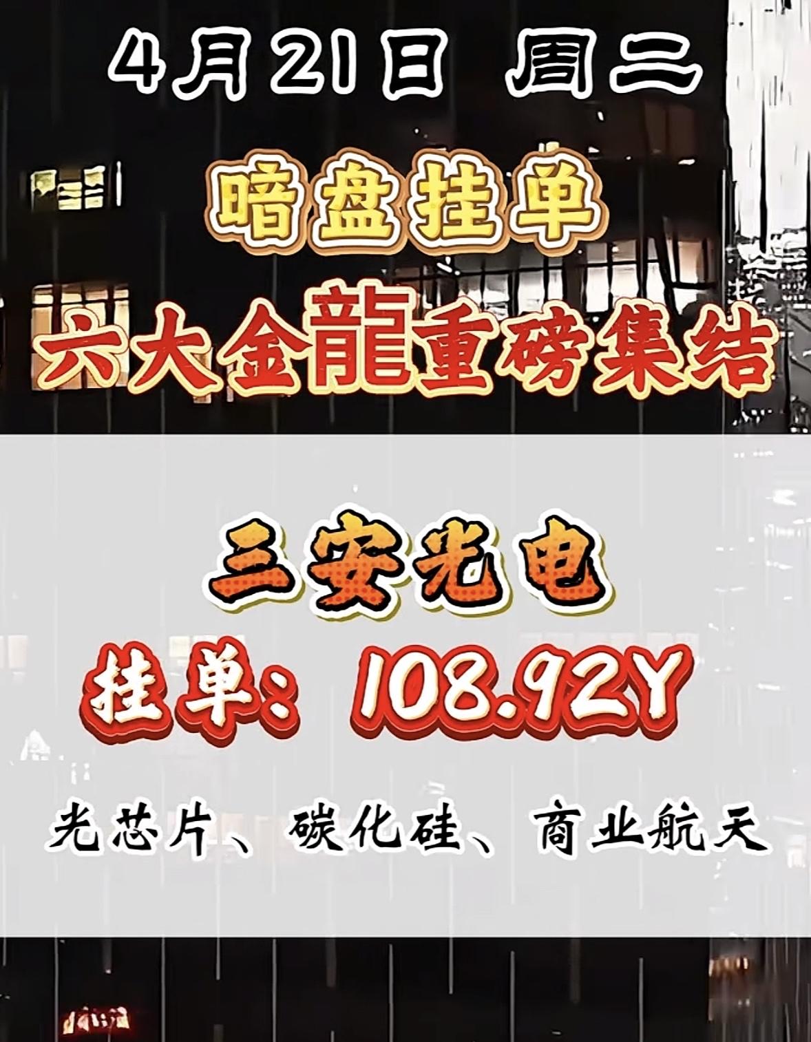 4月21日周二暗盘隔夜挂单排行榜揭晓4月21日暗盘挂单，六大金龙要重磅集结，