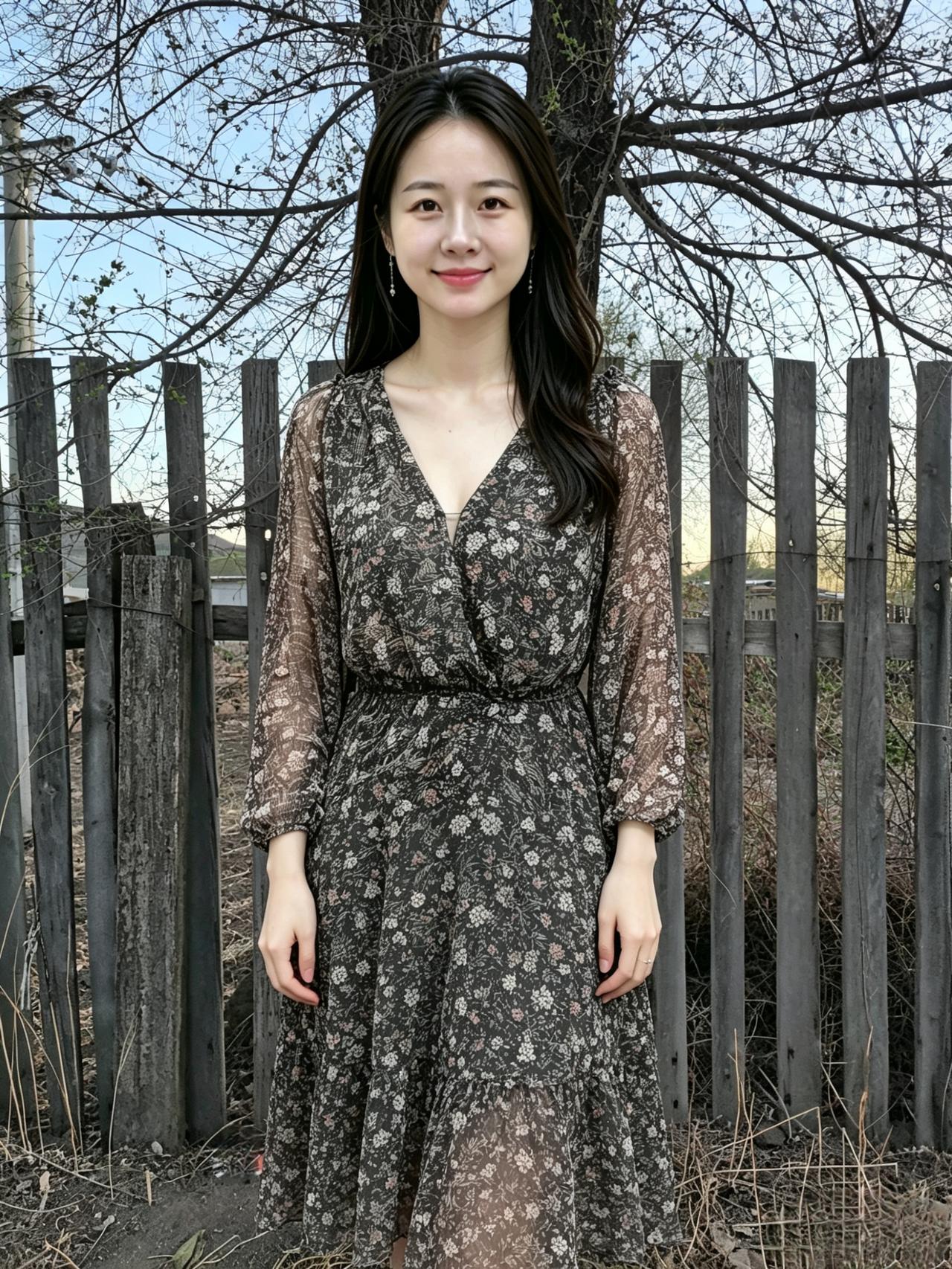漫野春光落浅墙，伊人独立晚风凉。碎花一袭温柔色，胜过人间百样芳。