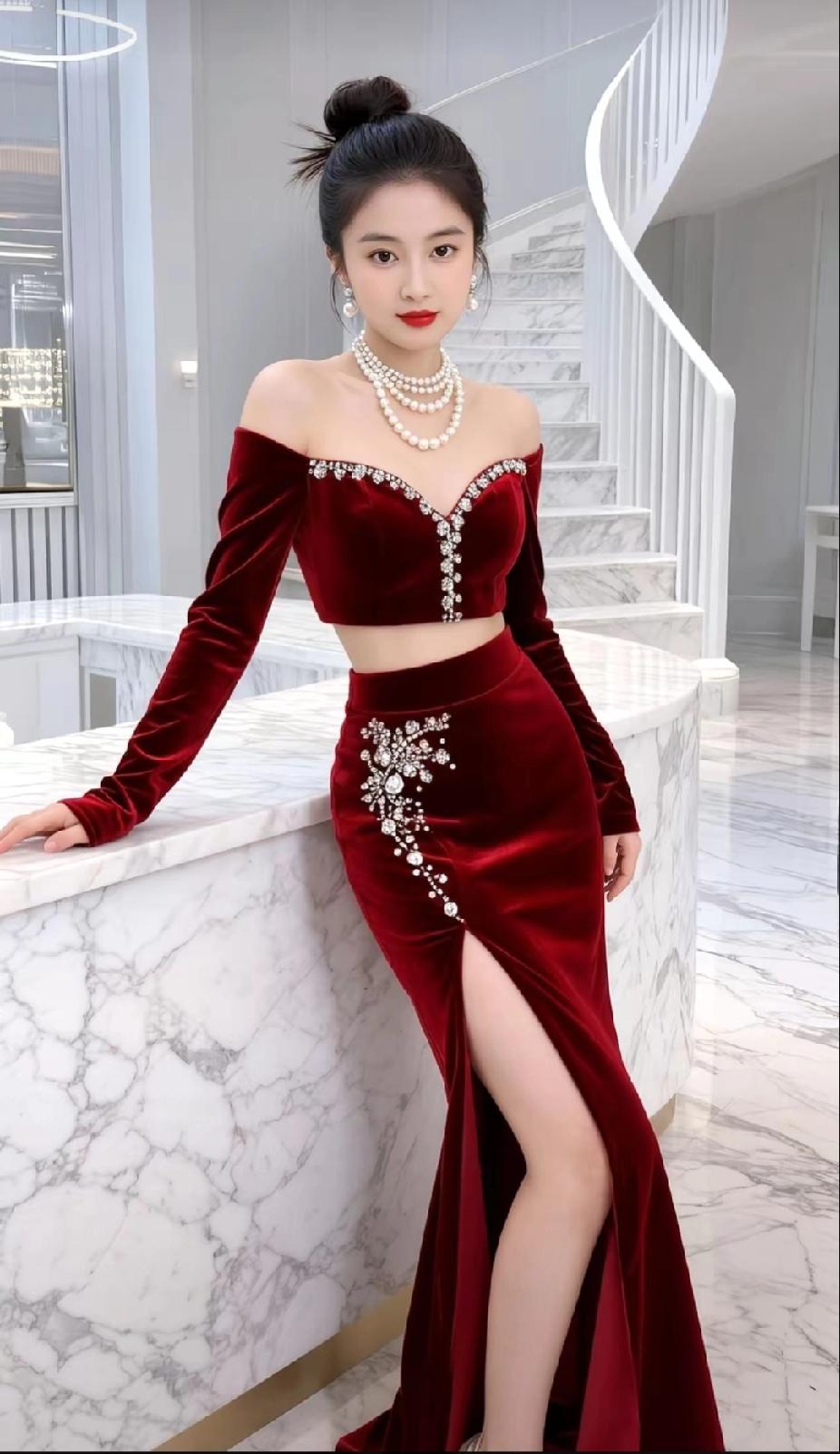 优雅红裙，闪耀珠宝，尽显奢华魅力！
