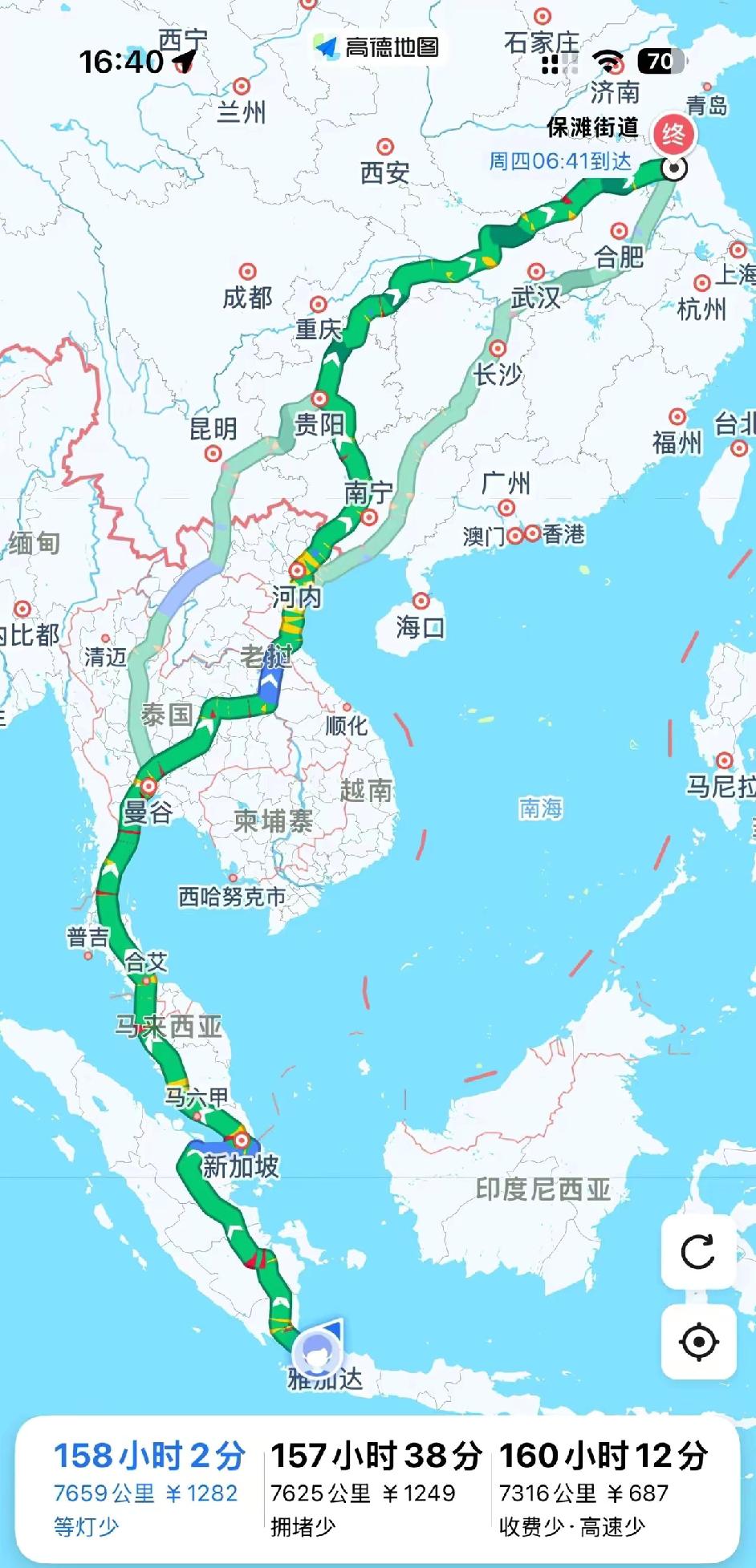 这是一个网友过年回家的路行图，从雅加达开始开车，到达江苏省淮安市的涟水县，行程7
