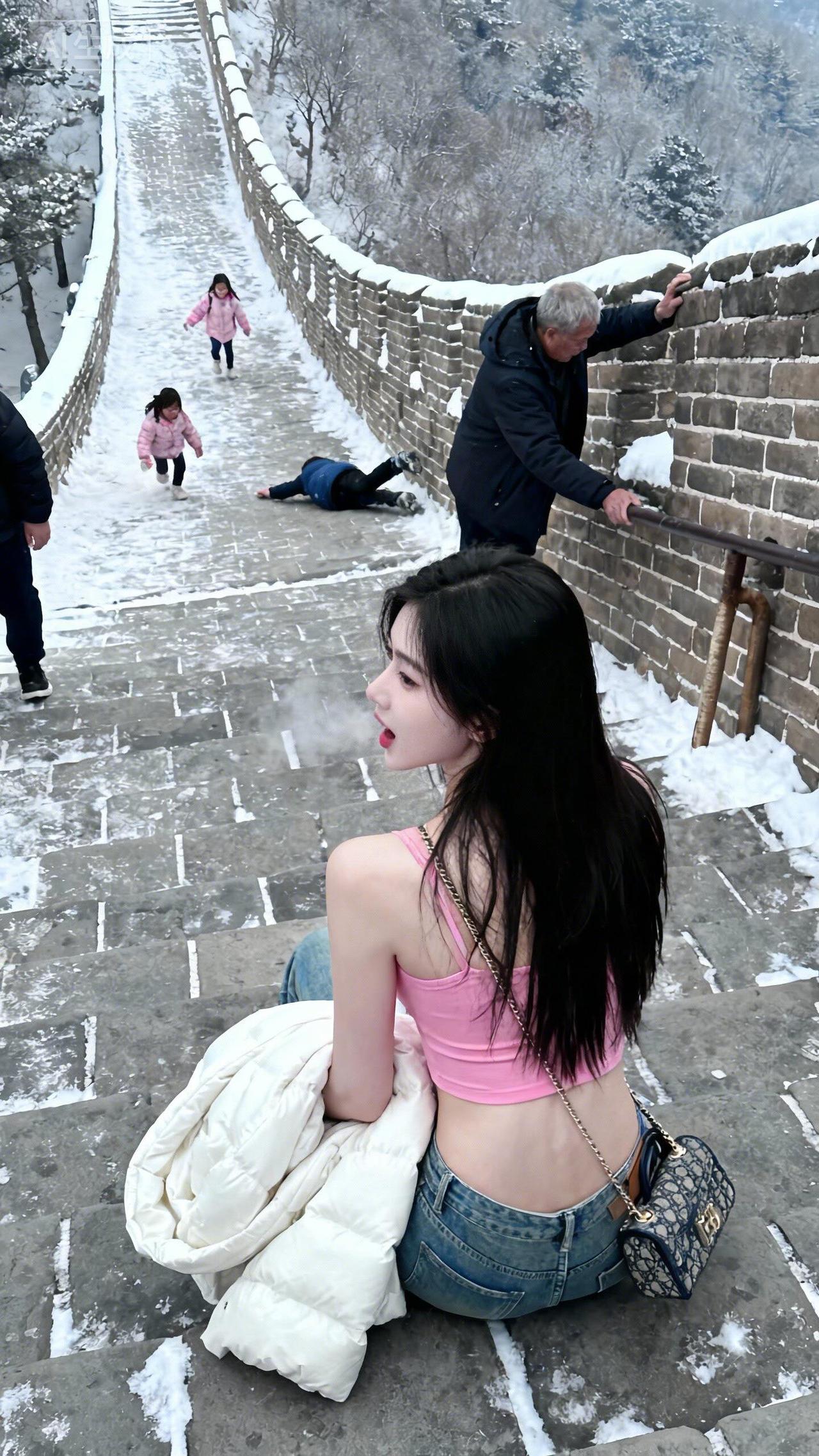 谁家好人大冬天穿这样爬长城呀？这姑娘真的不怕冷吗？