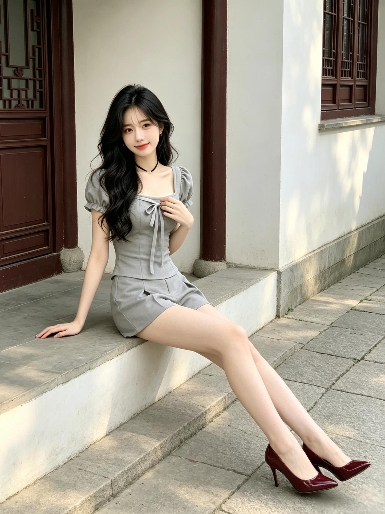 如何在日常中轻松穿出红色高级感?灰调套装配红高跟鞋，俏皮又显腿长，阳光下的温