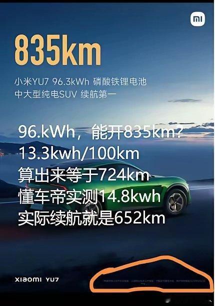 有个问题想问问小米汽车，96.3kWh，能开835km？所有数据都用官方数据，来