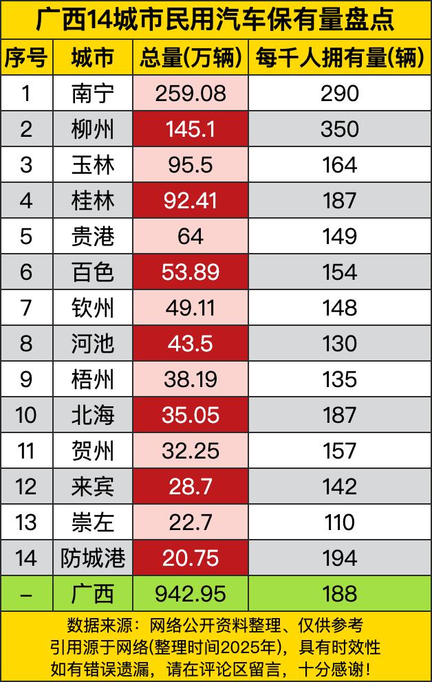 南宁那是一马当先，总量达到259.08万辆，每千人拥有量290辆。好家伙，这大街