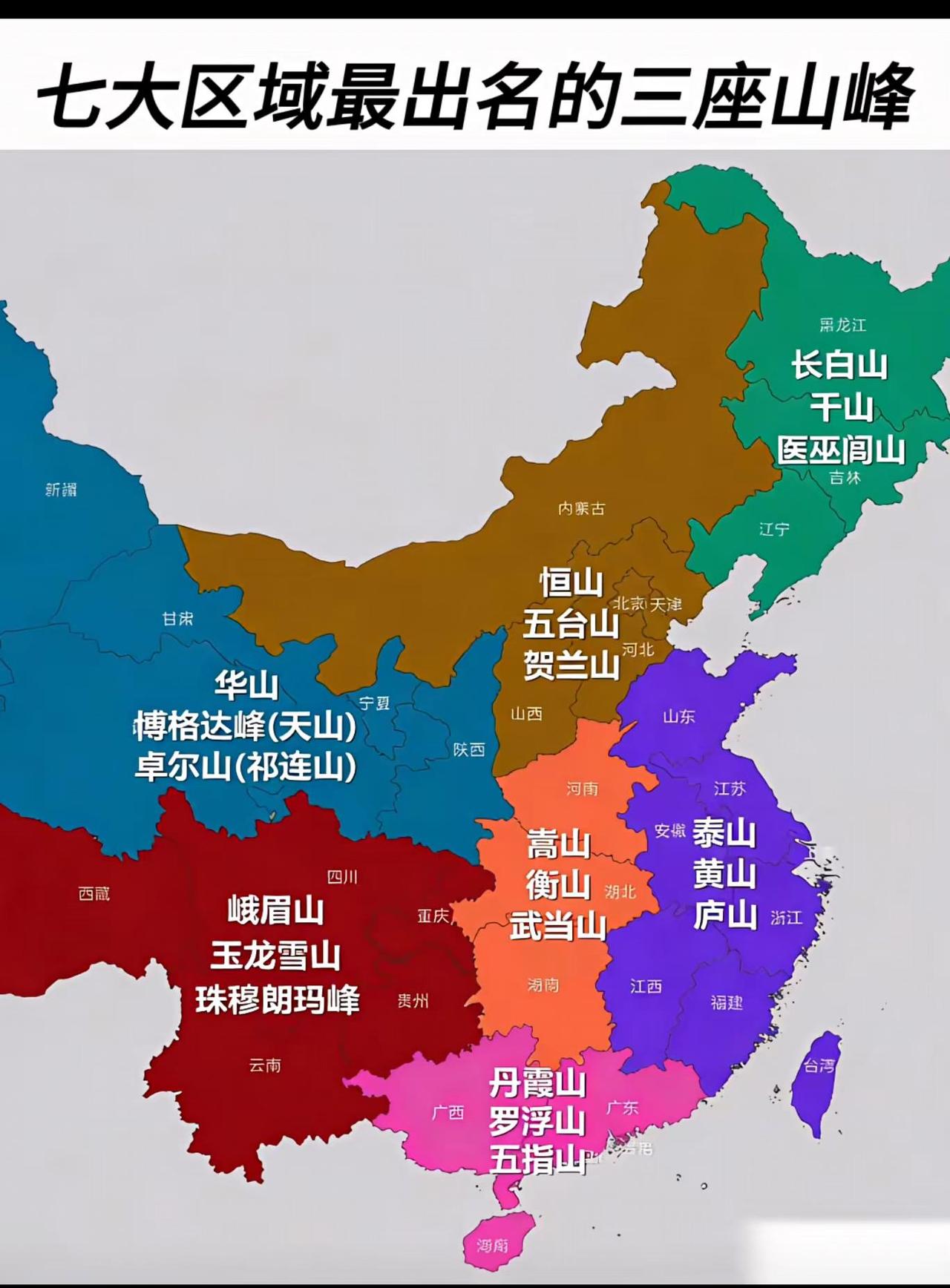 这张“七大区域最出名的三座山峰”地图，以地理区域色彩划分（东北绿、华北棕、西北蓝