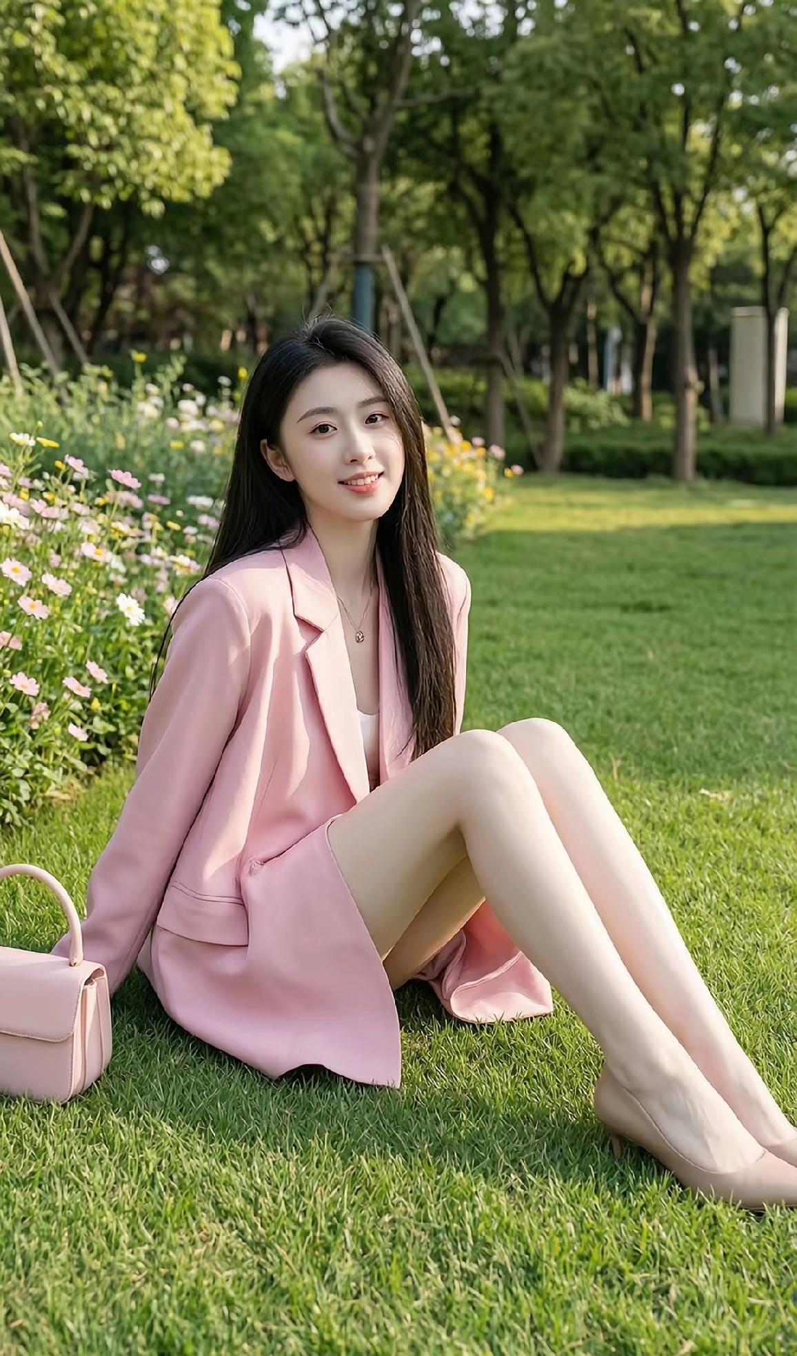 粉衣美人坐绿草，笑语如花映日红。