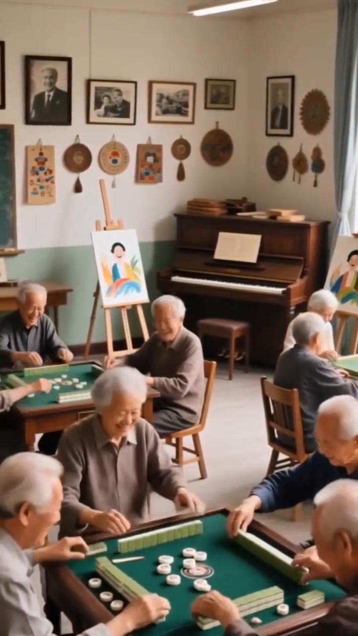 清晨的阳光透过窗帘洒进养老院的房间里，老人慢慢拉开窗帘，看到窗外的绿植在微风中轻