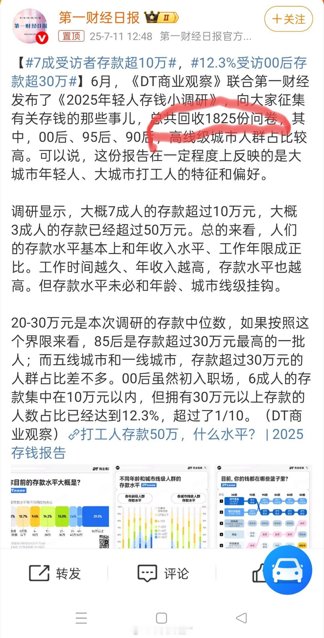 7成受访者存款超10万填的问卷啊，我还以为是银行存款数据呢……那这1825名受访