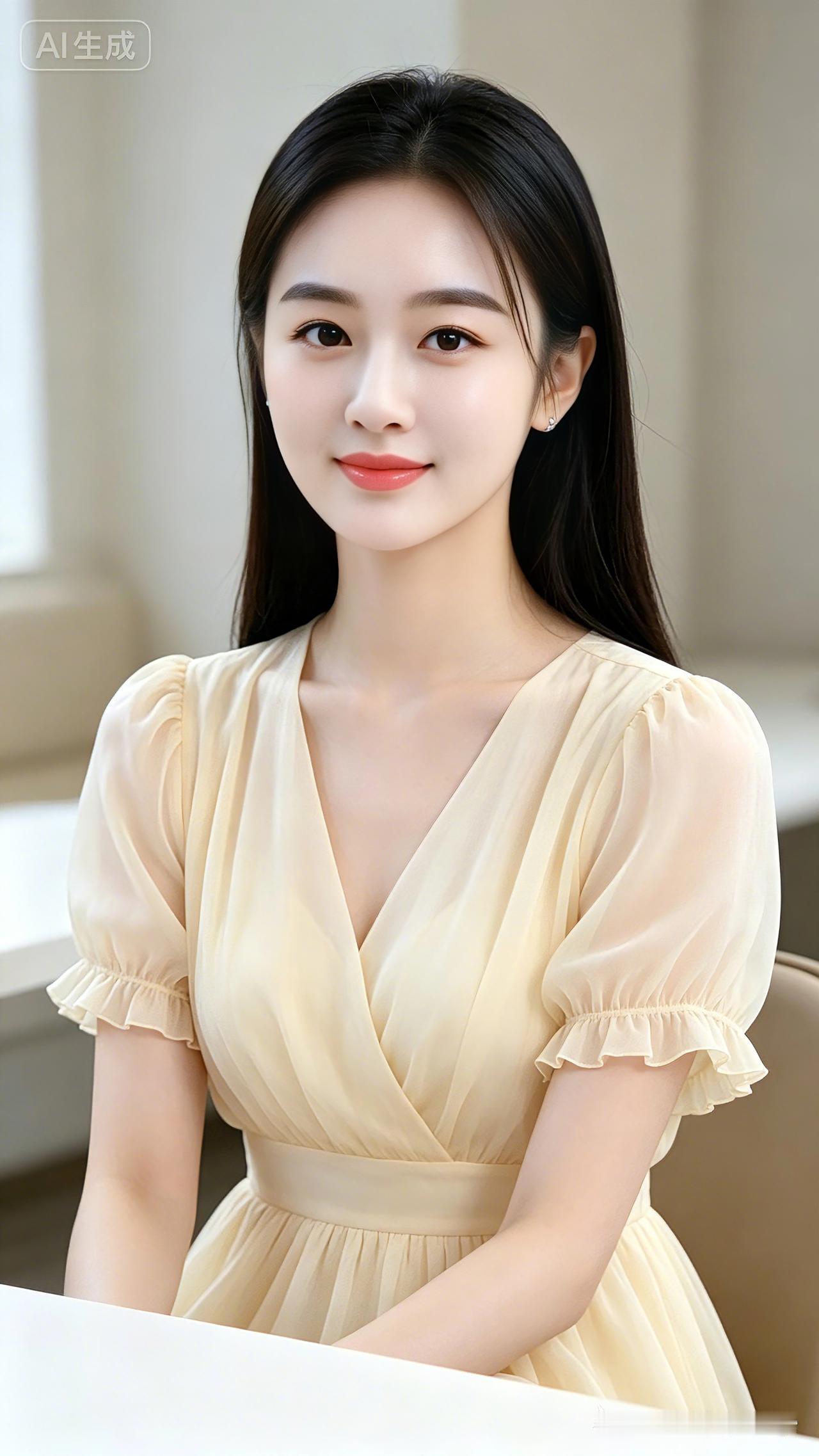 浅裙佳人一袭黄裙衬得气质柔婉，青丝垂落尽显清逸悠然。明眸含笑漾开春风般的暖