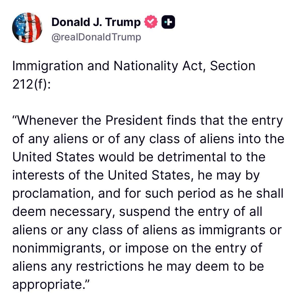 川普警告：民主党法官别作妖。川普刚刚发文：《移民与国籍法》第212(f)