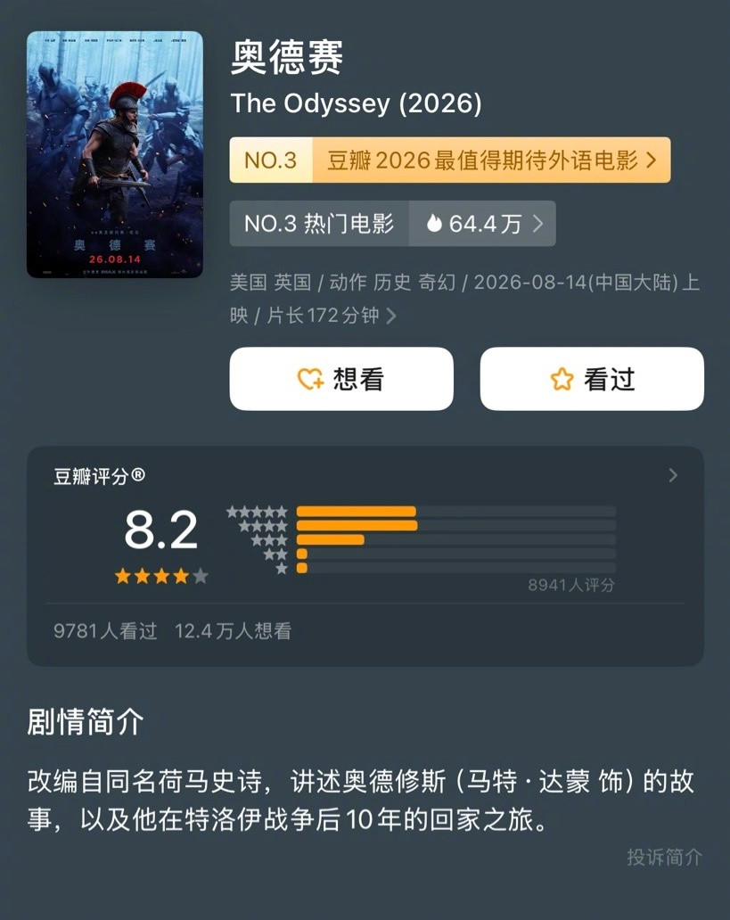 诺兰新片《奥德赛》豆瓣开分8.2诺兰