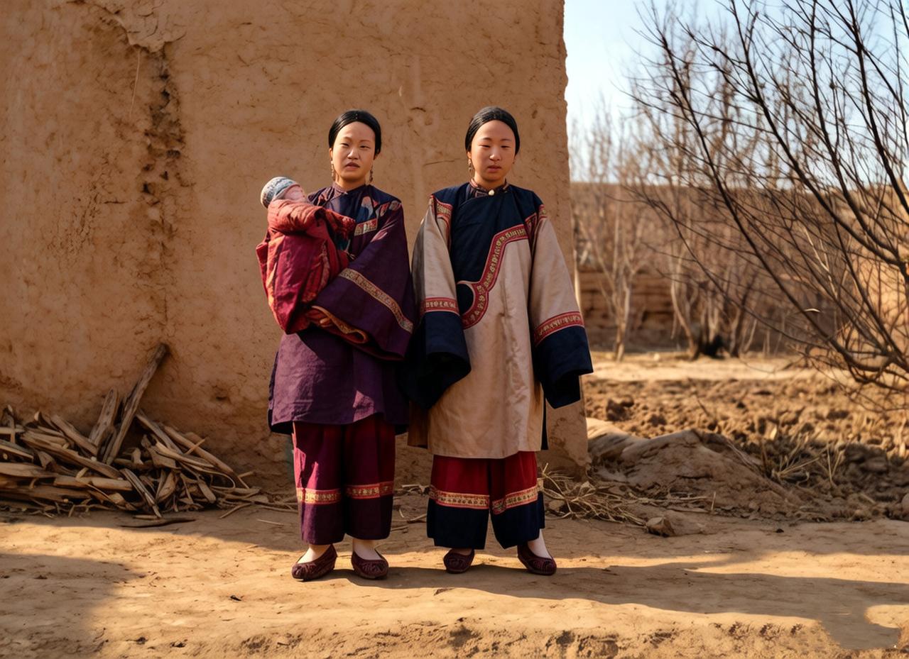 1906年的新疆喀什，两名汉族女子静静站立在一堵土墙前，其中一个怀里还抱着一个小