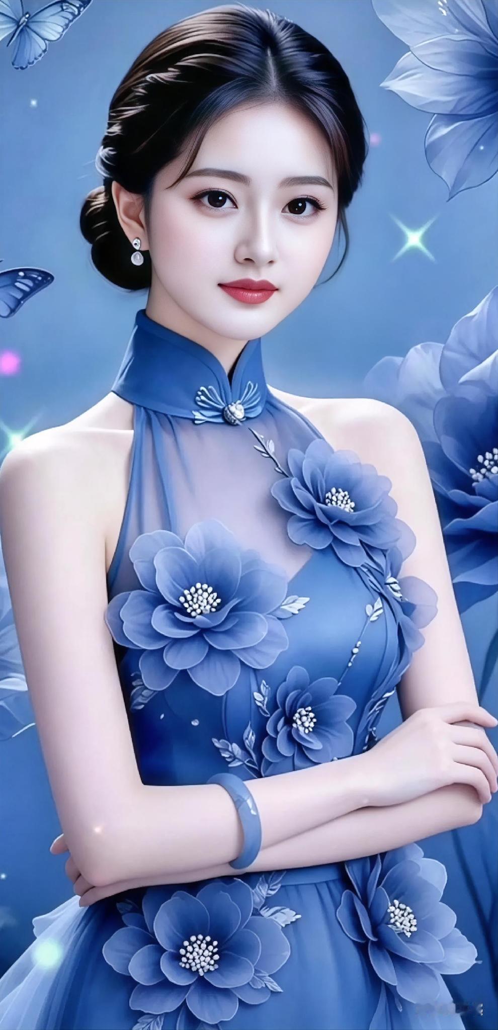 她的美丽如晨曦初露，自信是那永不凋零的花朵，优雅则是她轻盈的步伐。她的容颜如