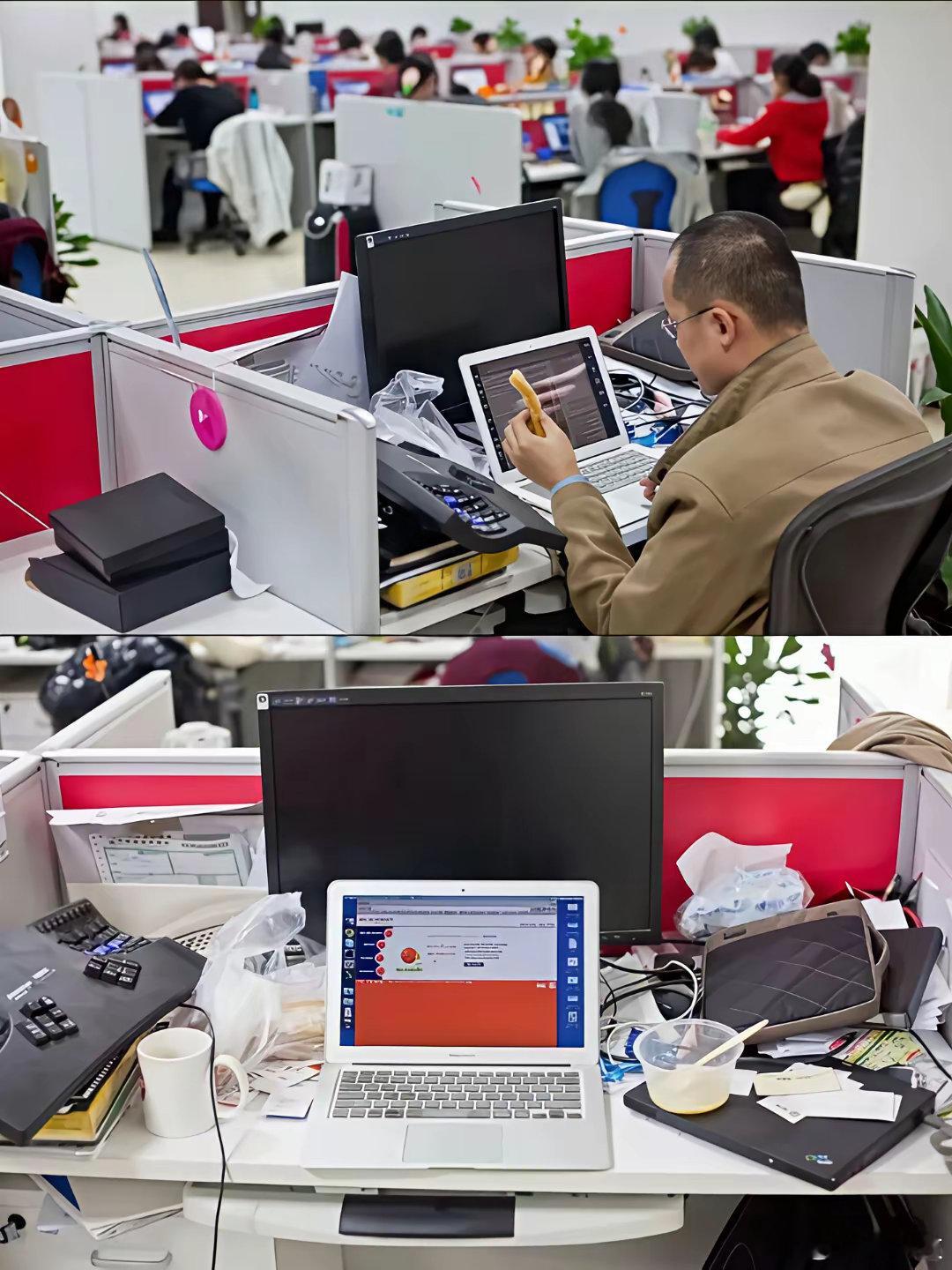 王兴早期的办公室工位，与大家一起办公，工位凌乱，经常叫外卖，感觉这种企业初创，团