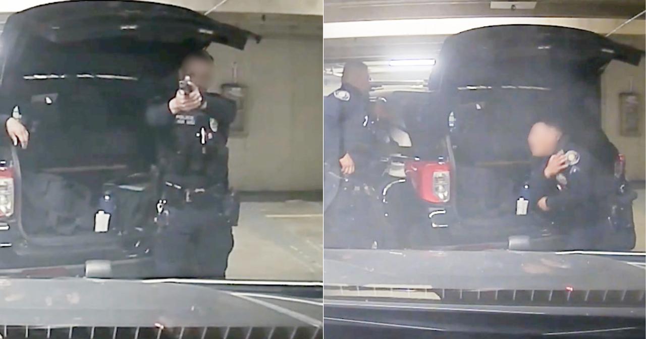 美国加州警员持枪耍酷，没想到擦枪走火不小心打中了同事这是2025年发生的事情