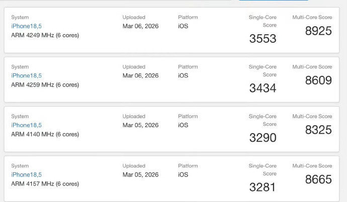 iPhone17e跑分出炉省流版：和iPhone17相差不多。