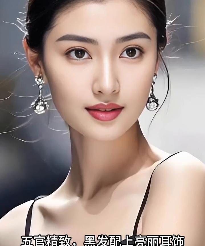 这姑娘太漂亮了，五官精致，黑发配上亮丽耳饰，一身吊带黑裙，颜值比女明星还高，气质