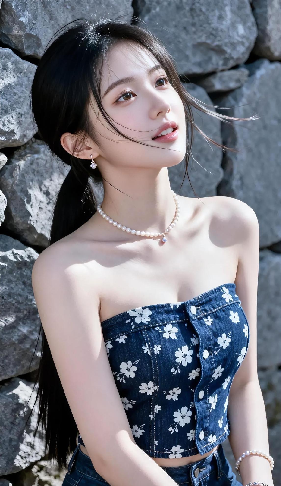 石墙晒着暖阳光，牛仔缀满小白花。珍珠轻轻绕颈上，发丝被风悄悄扬。