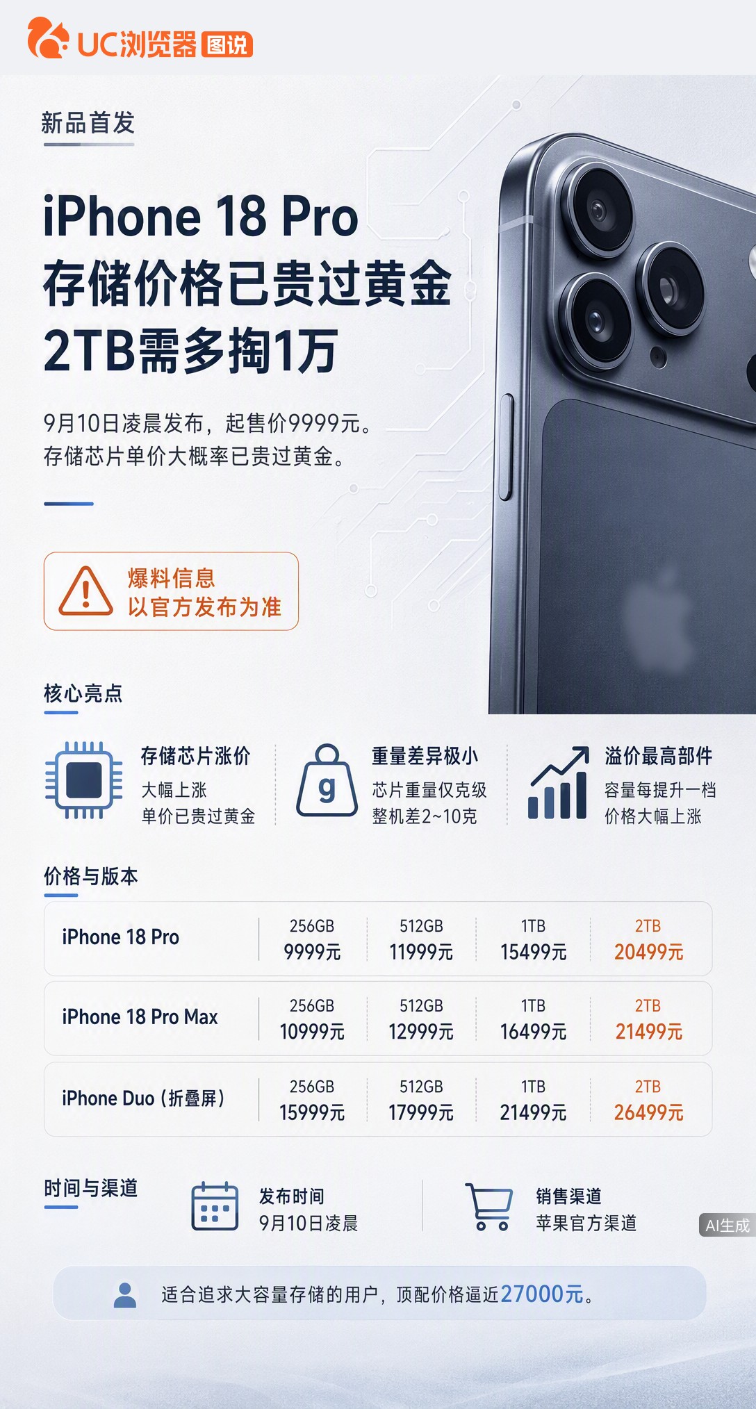 iPhone18Pro起售9999元，2TB版直接飙到20499元！仅存储升级就贵一万多，折算下来芯