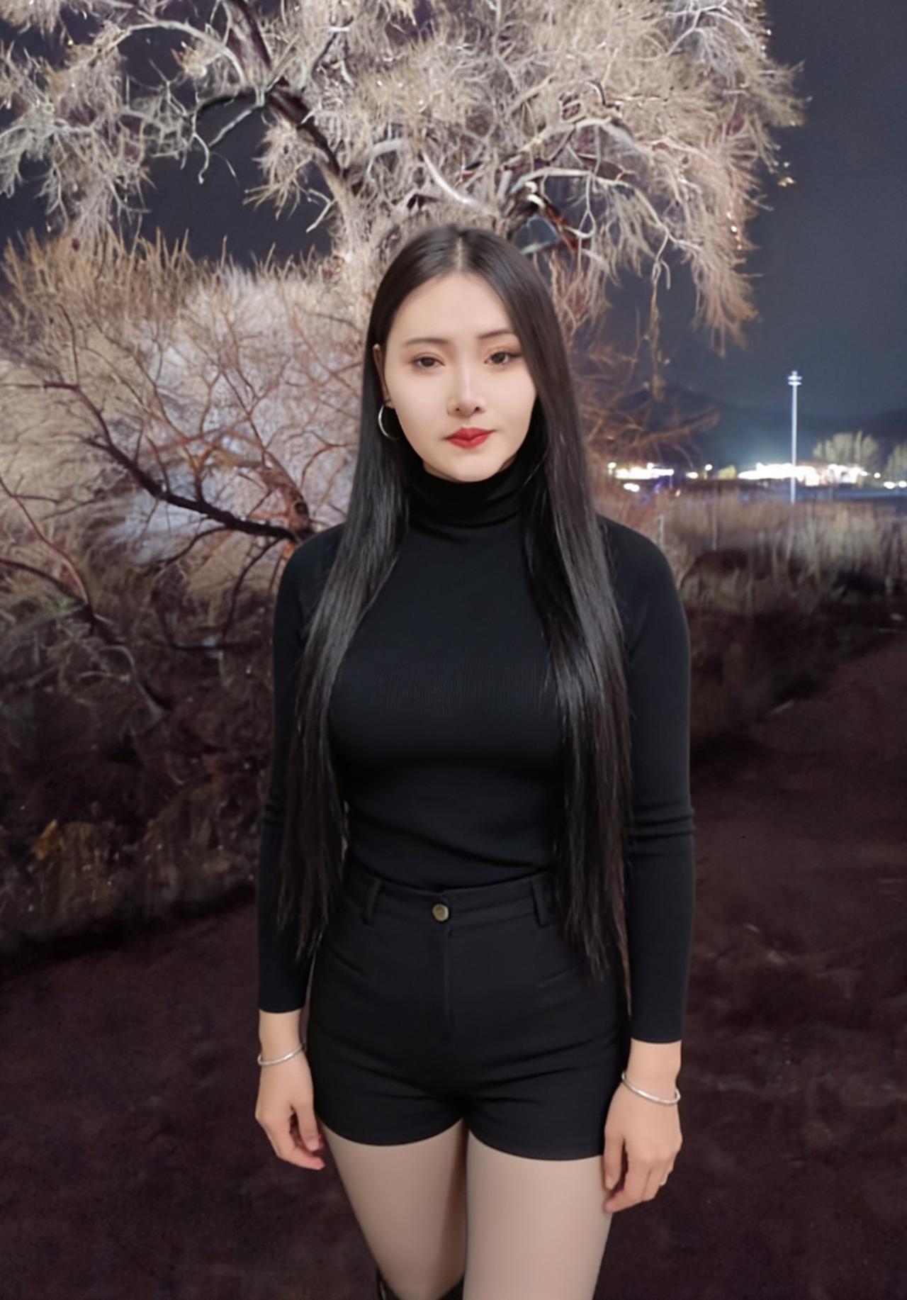 黑夜是幕布，她是幕布上的蔷薇高领黑衣是花萼，裹着娇嫩的新蕊长发如藤，缠在花茎