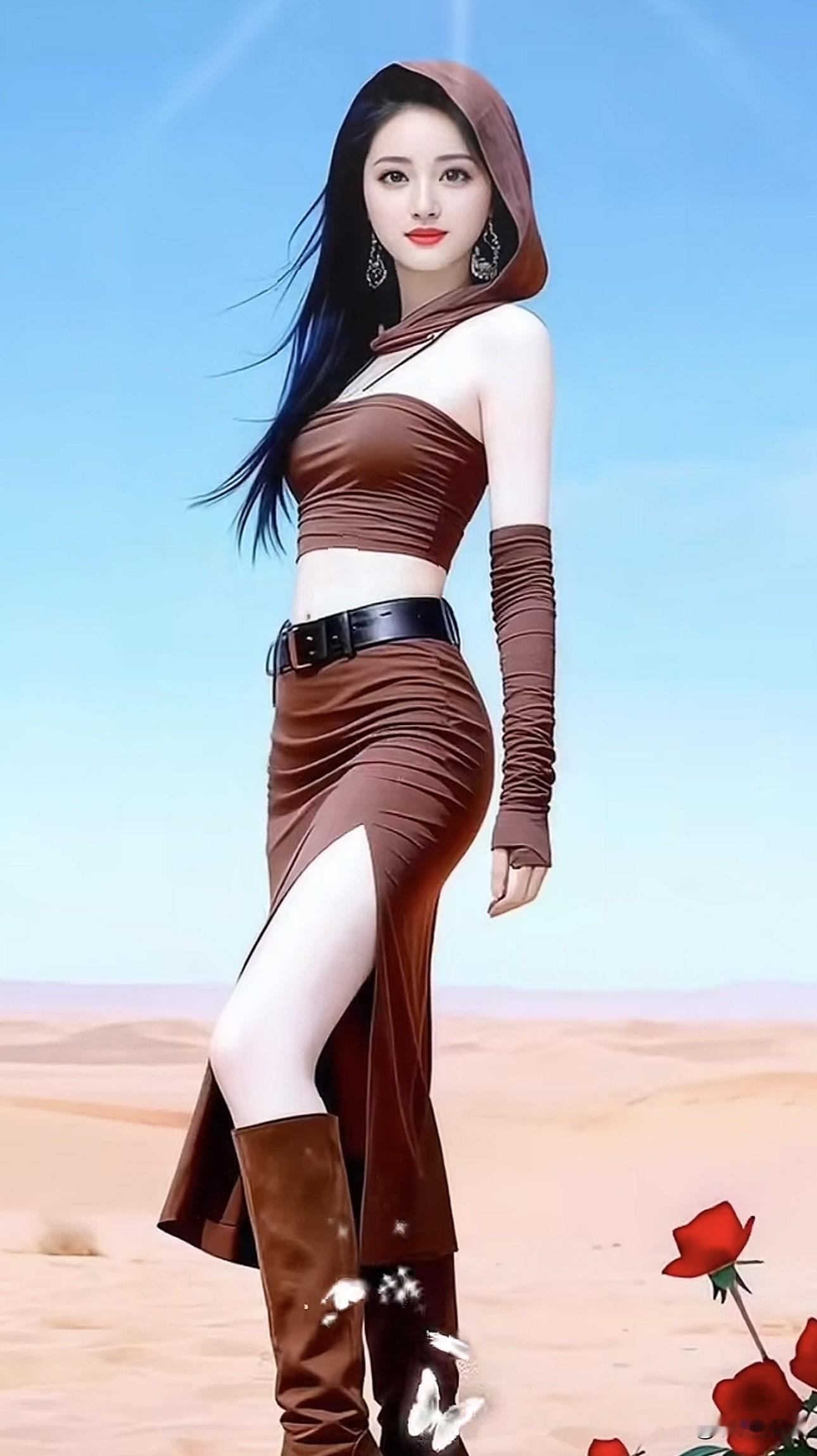 沙漠中的神秘女郎，红玫瑰与飘逸长裙的完美结合。
