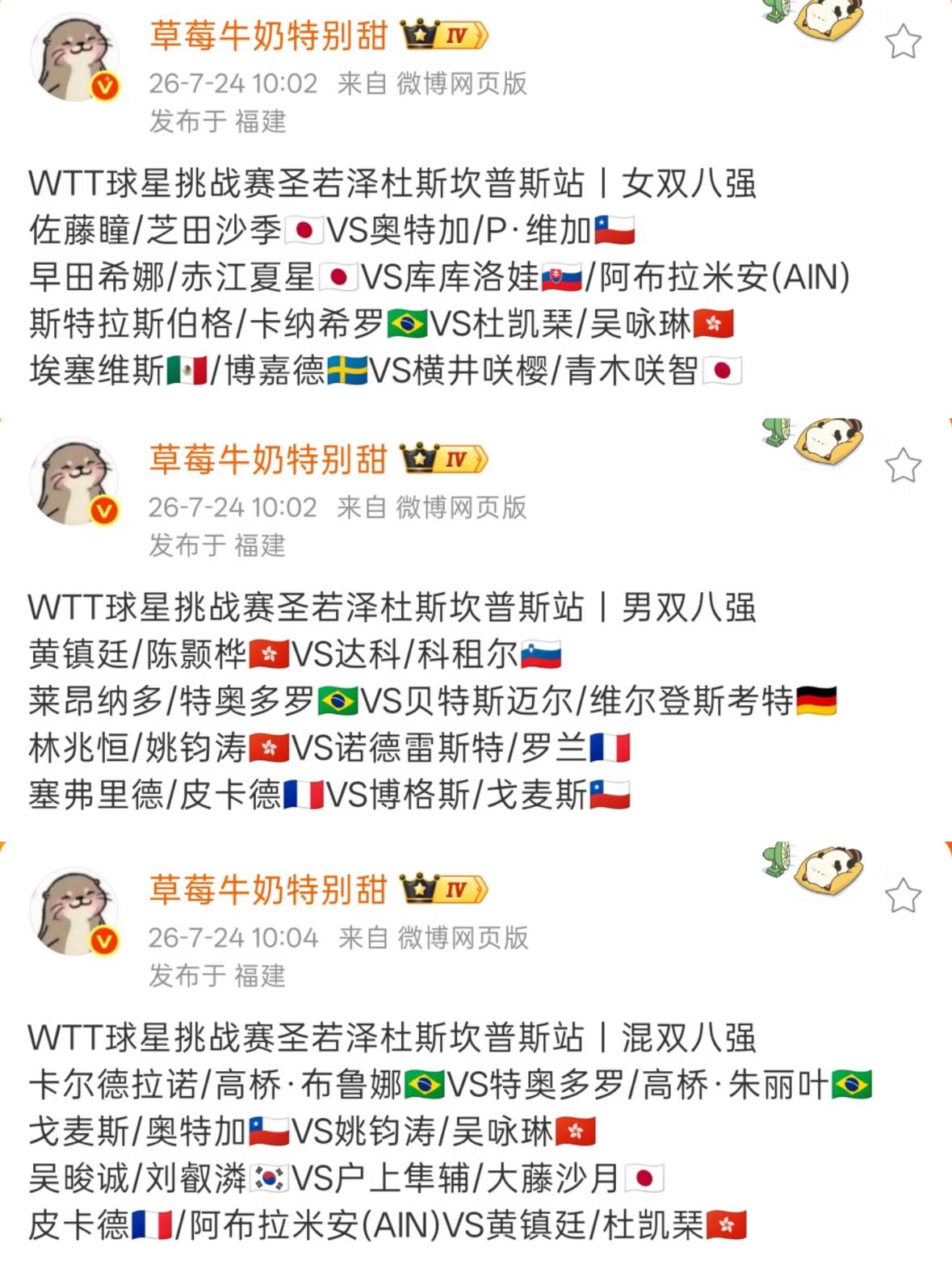WTT球星挑战赛巴西站男女双打及混双8强出炉！7月24日WTT球星挑战赛巴西站
