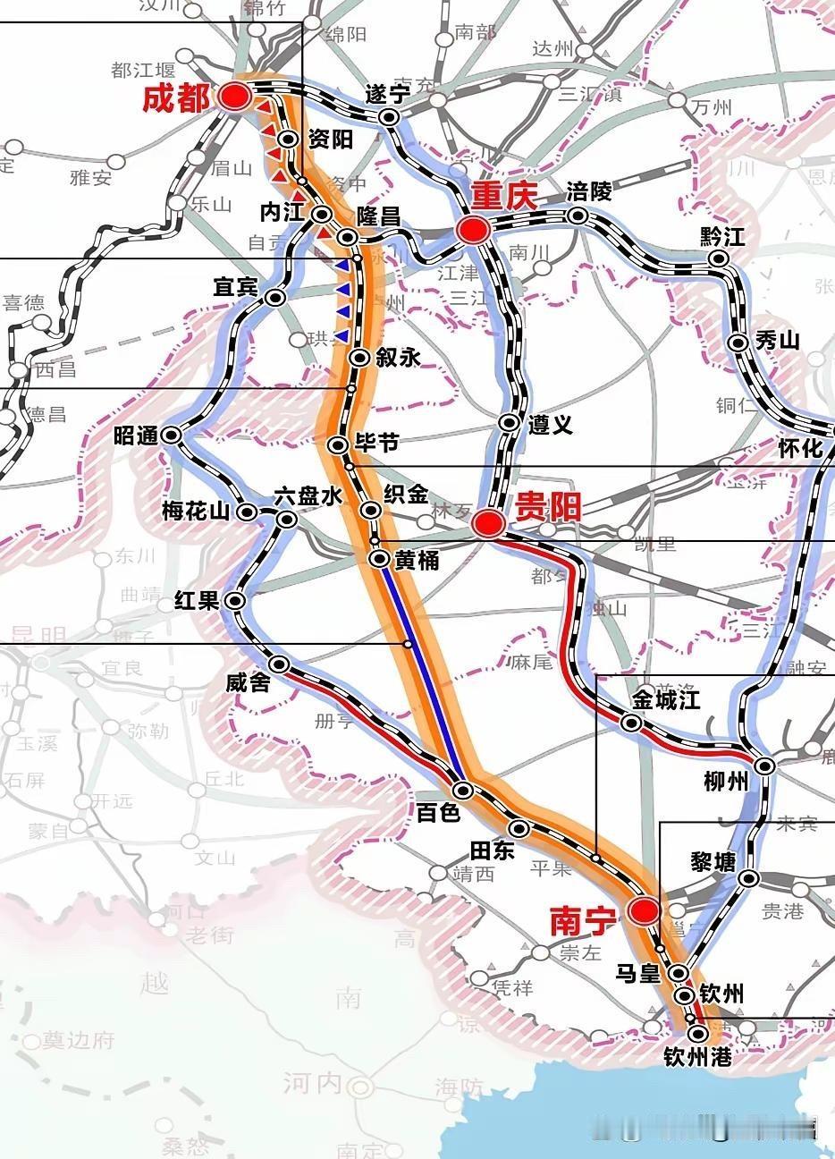 西部陆海新通道一共规划了三条主通道，其中重庆、成都分别对应不同线路，具体如下：①