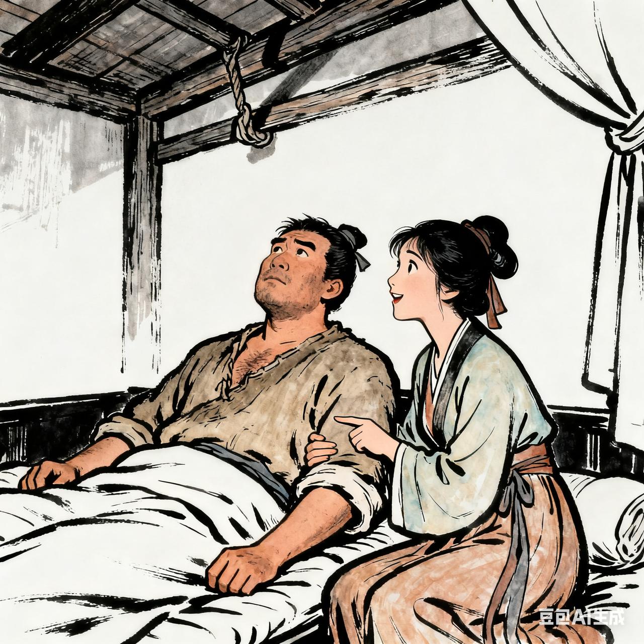 古代夫妻搞笑段子刚成亲的小两口，夜里躺床上，丈夫盯着房梁发呆。妻子戳他一下：