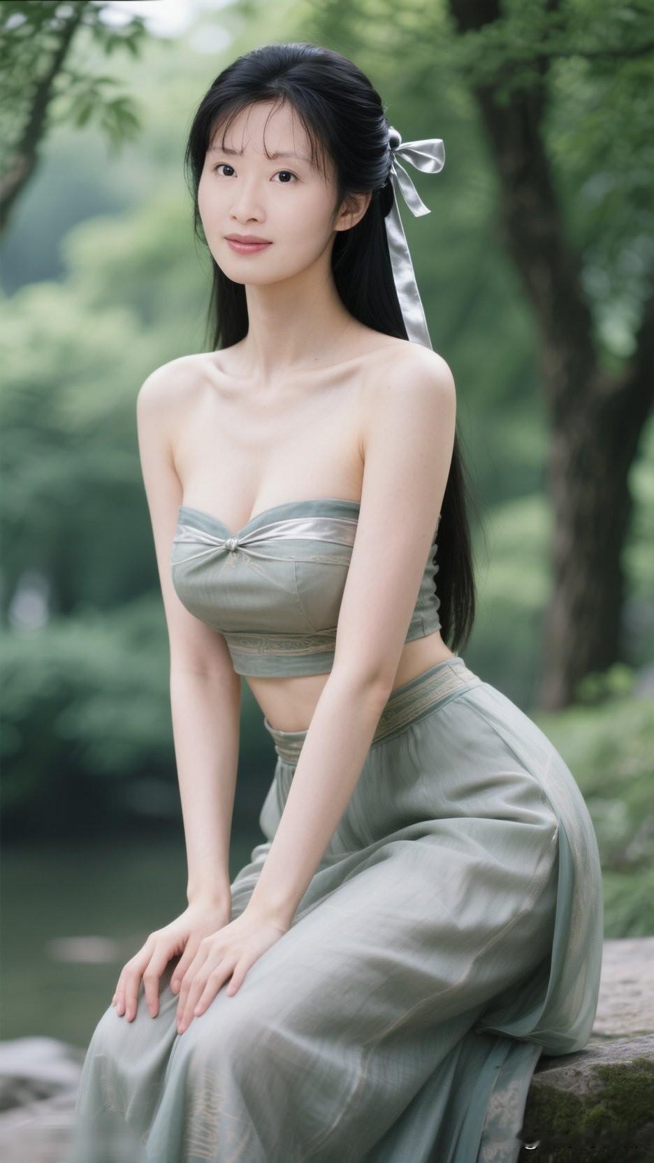 在绿意盎然的公园里，一位优雅的女子静坐，仿佛时间在此刻静止。
