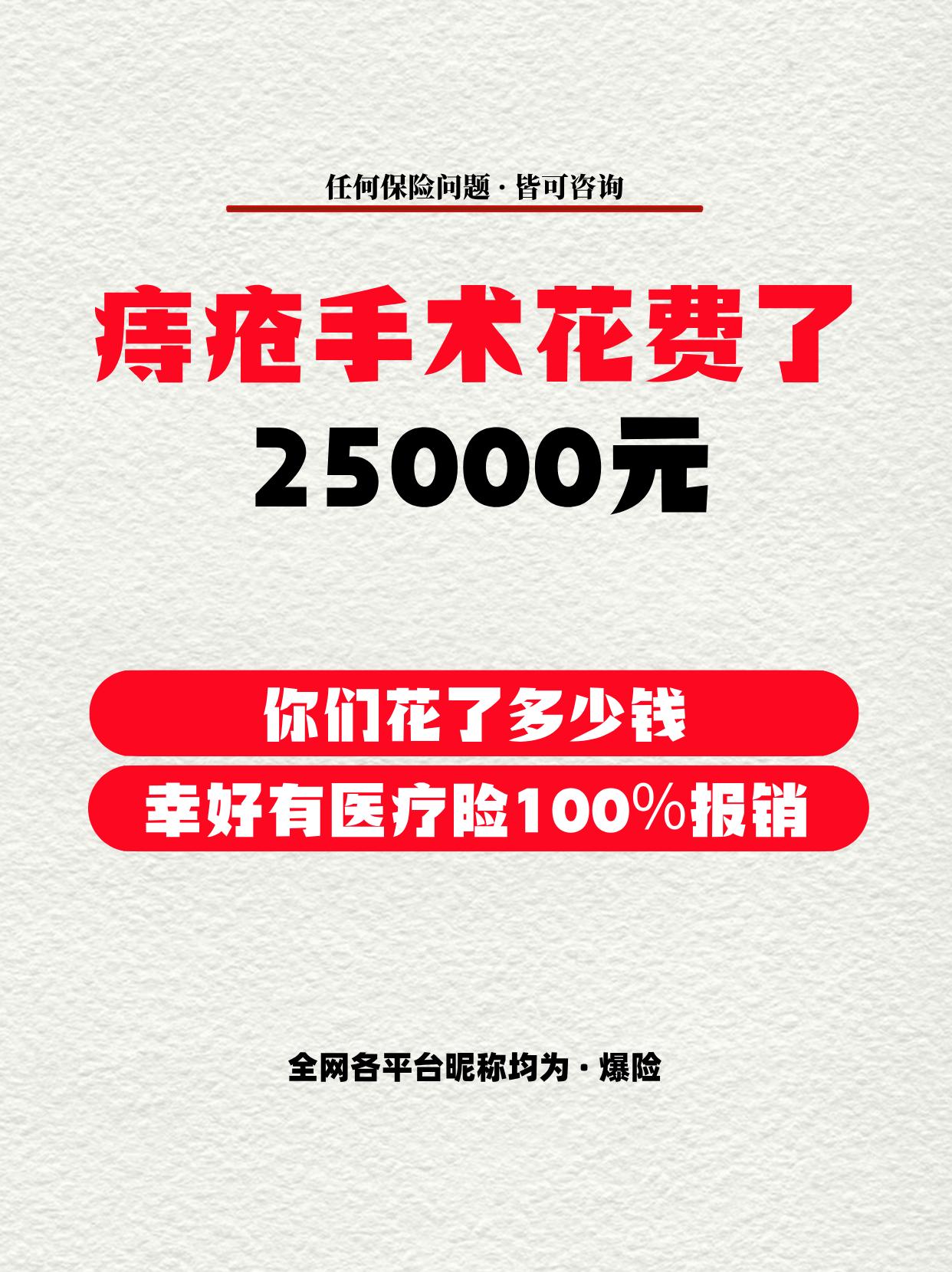 痔疮手术花了25000元，你们花了多少钱。总花费24475.38元，医...