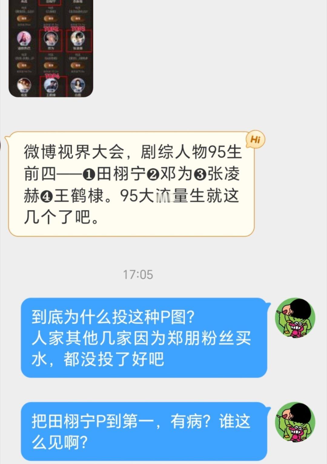 只要投这个视界大会的都知道梓渝粉丝买水搞得人家其他几家都懒得投了故意发田栩宁第一